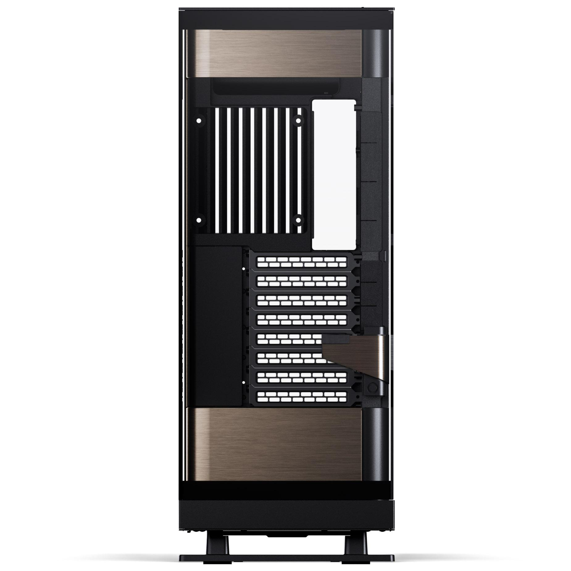 Gehäuse, schwarz mit Bronzefarbenen Paneelen, mit Öffnungen und Lüftungsdesign. Auf weißem Hintergrund.