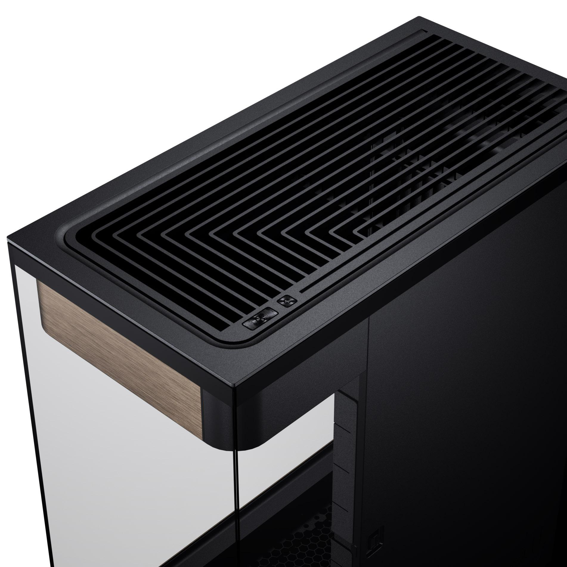 Schwarzes Computergehäuse mit belüfteter Oberseite. Holzpaneel an der Seite. Glaspaneel vorne.