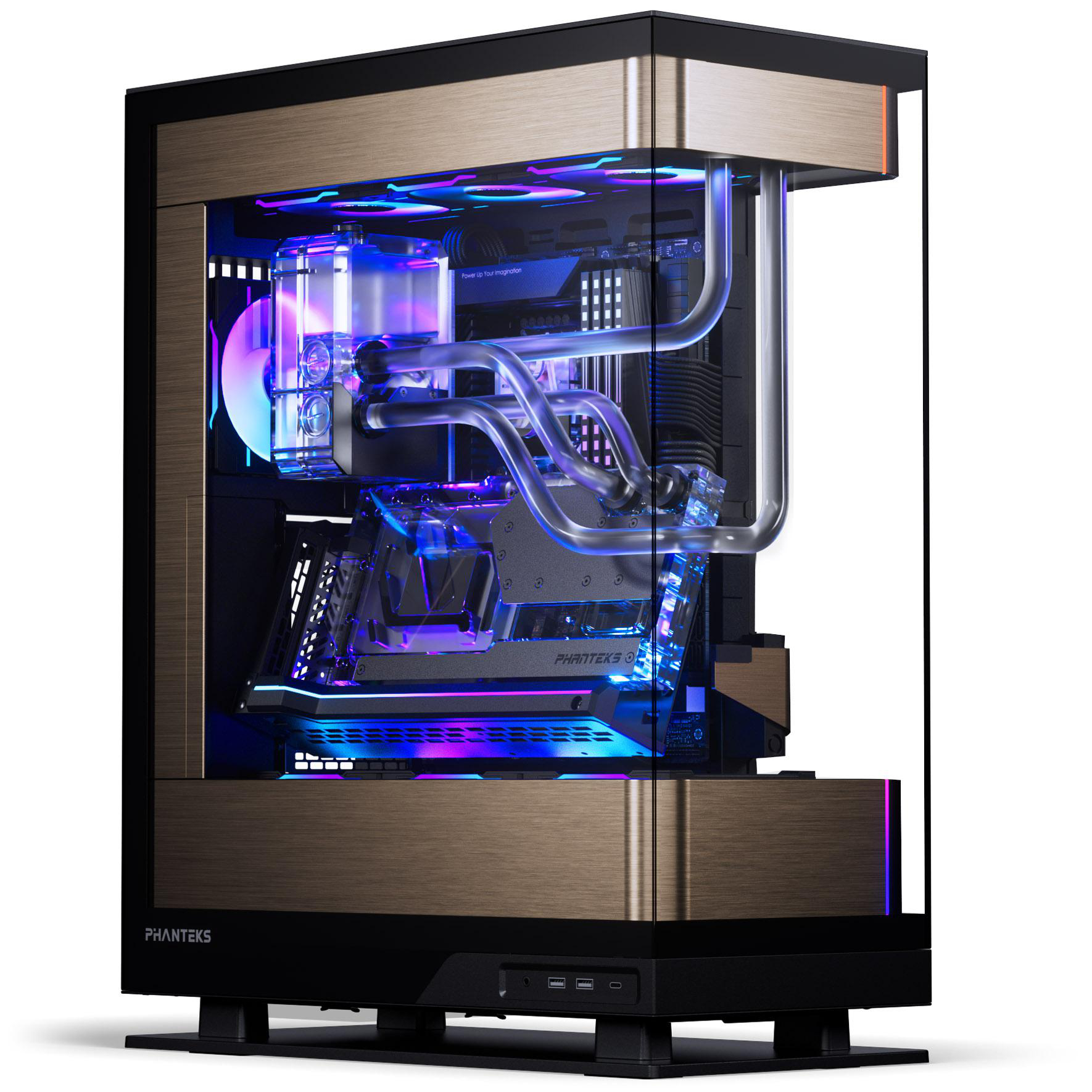 Ein Computergehäuse mit Bronze-Finish. Innen ist ein Wasserkühlungssystem mit blauen und lila Lichtern sichtbar.
