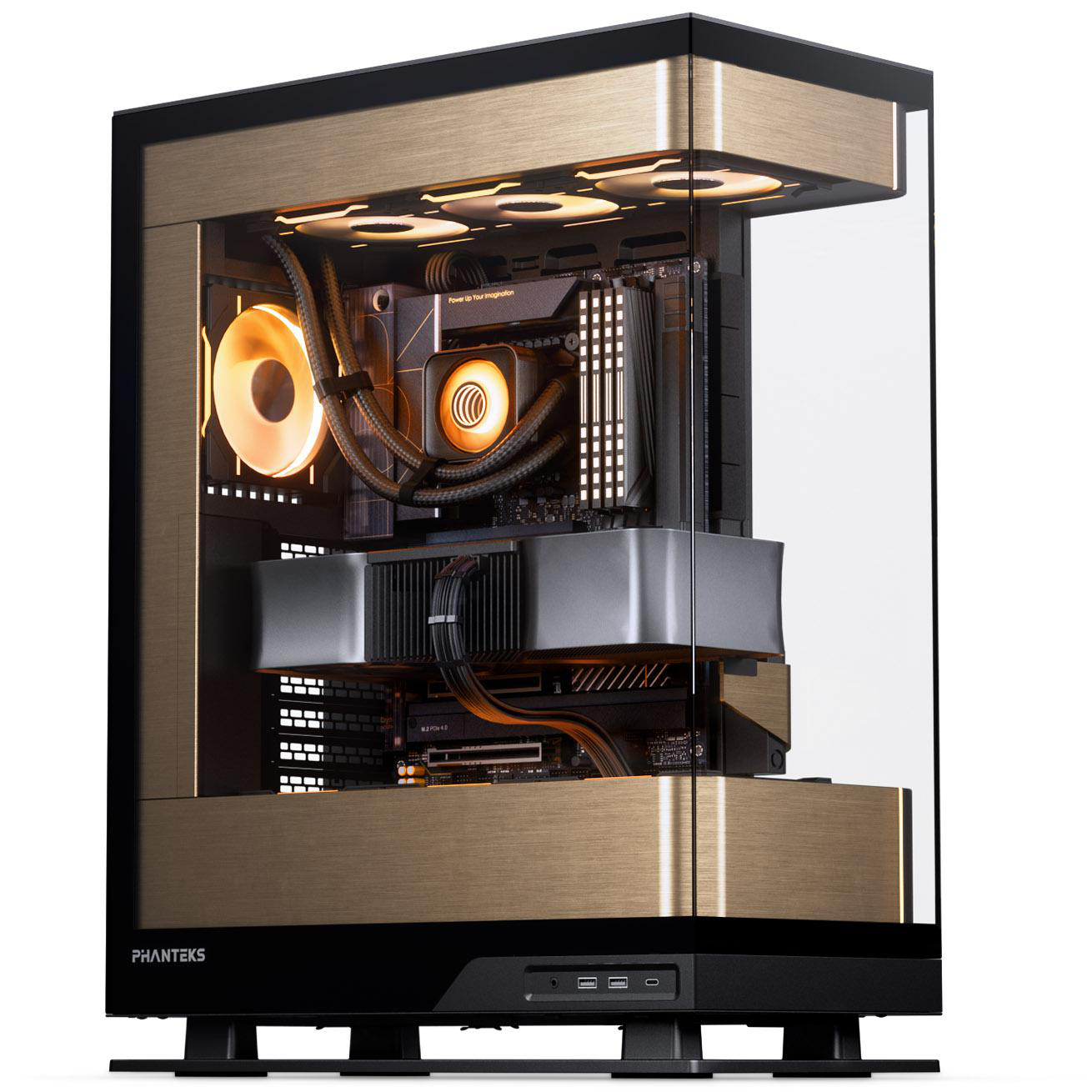 Ein Computerturm mit Glasseitenwand. Gold- und Schwarzakzente. Interne Komponenten sind sichtbar, einschließlich Lüftern und Kühlsystem.