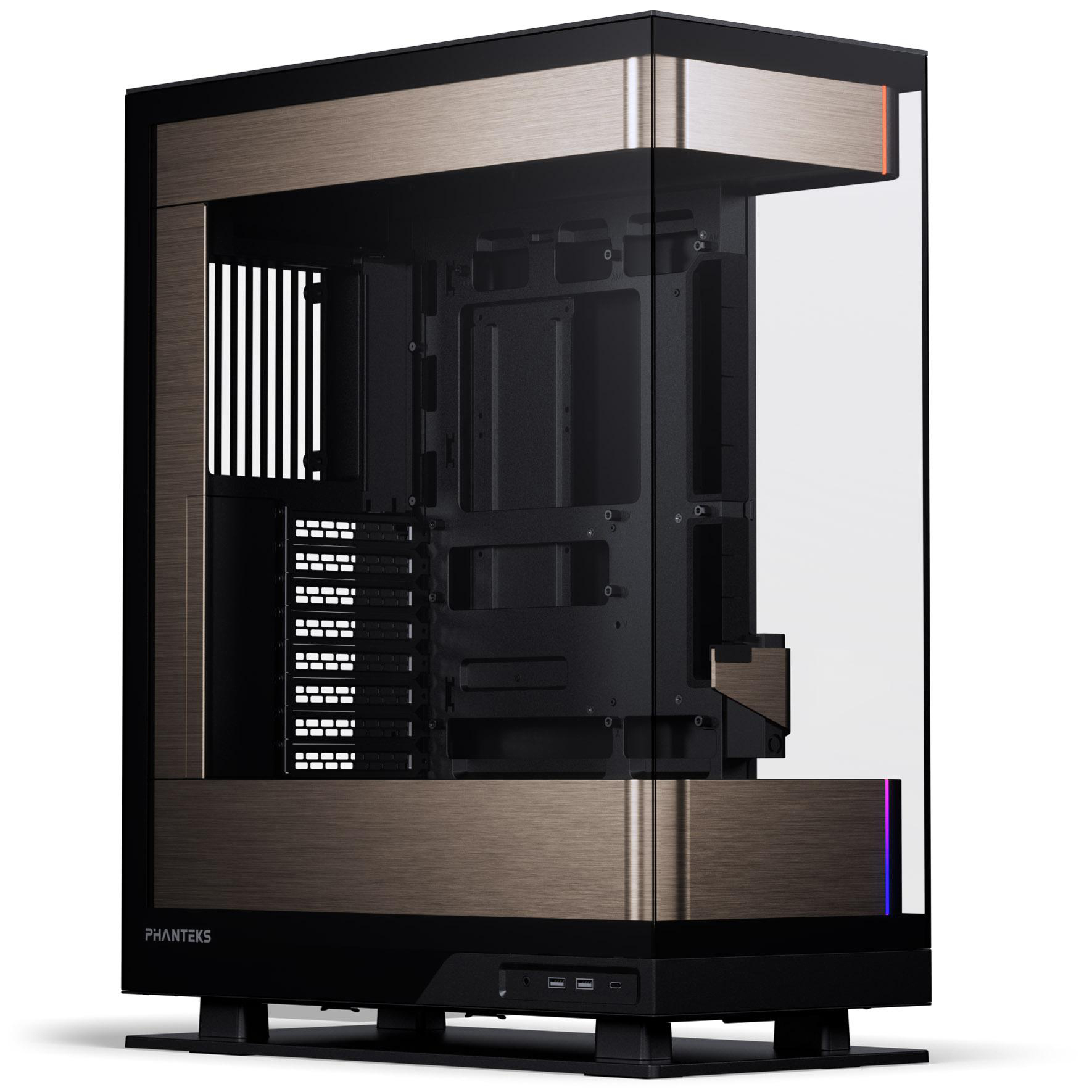 Ein PC-Gehäuse mit bronzefarbener Frontplatte, schwarzem Rahmen und einer durchsichtigen Seitenplatte.