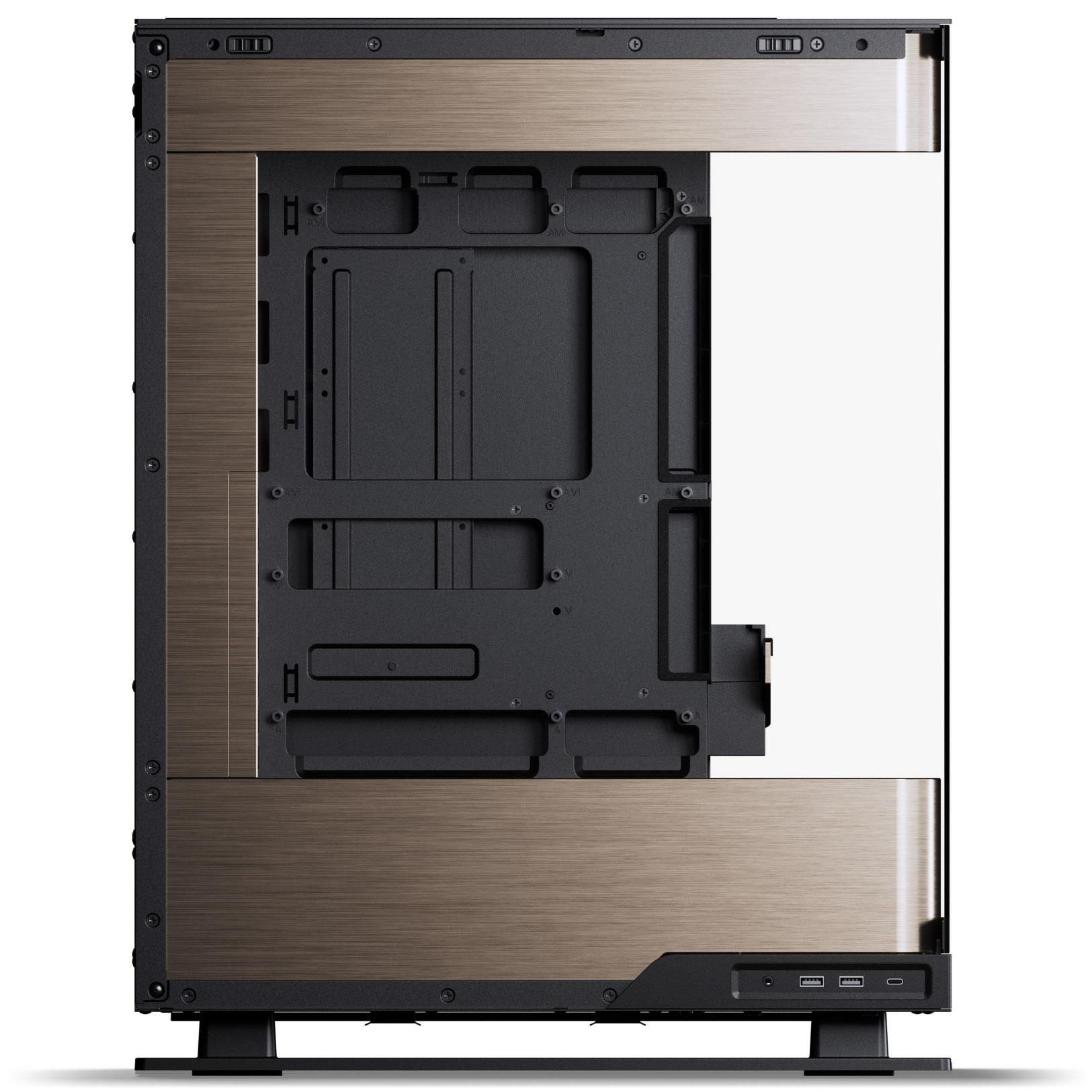 Computergehäuse. Schwarze und bronzefarbene Metallstruktur. Frontplatte mit USB-Anschlüssen. Innenraum mit Befestigungspunkten sichtbar.