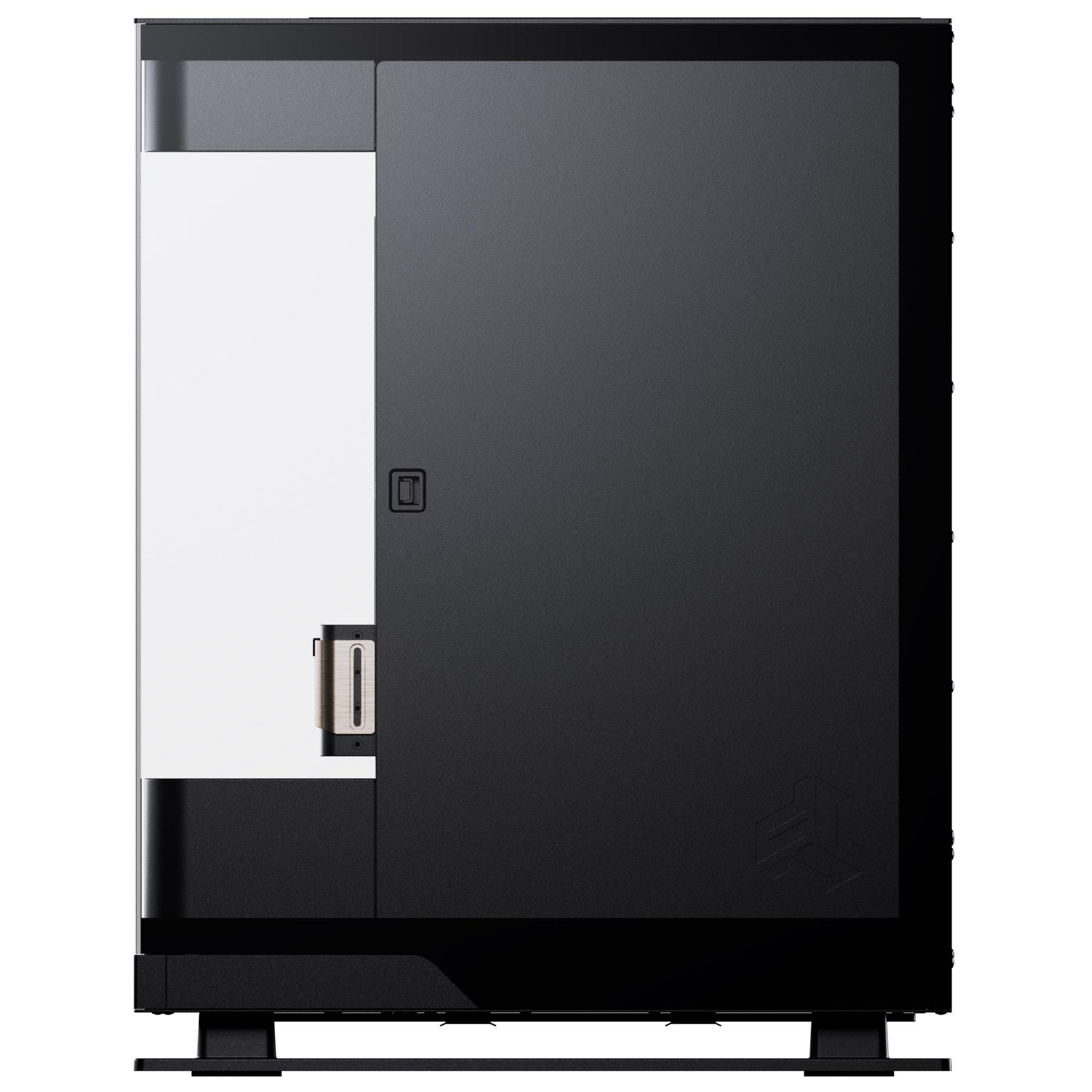 Ein schwarzes Computergehäuse mit einer Glas-Seitenwand. Es hat einen Power-Button und ein Logo.