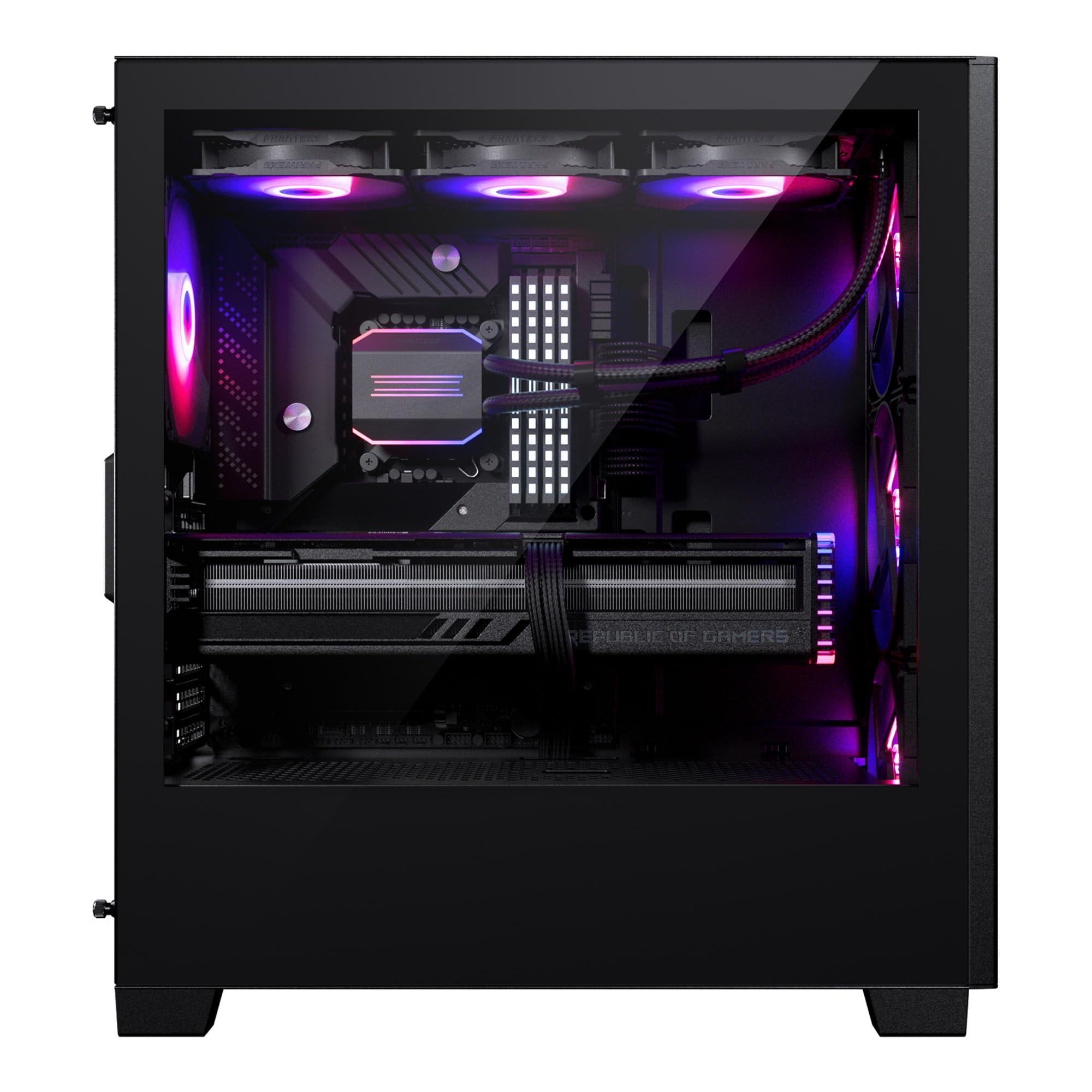 Schwarzes PC-Gehäuse mit Komponenten, Lüftern mit RGB-Beleuchtung. Innenraum mit Grafikkarte und Flüssigkeitskühlung.