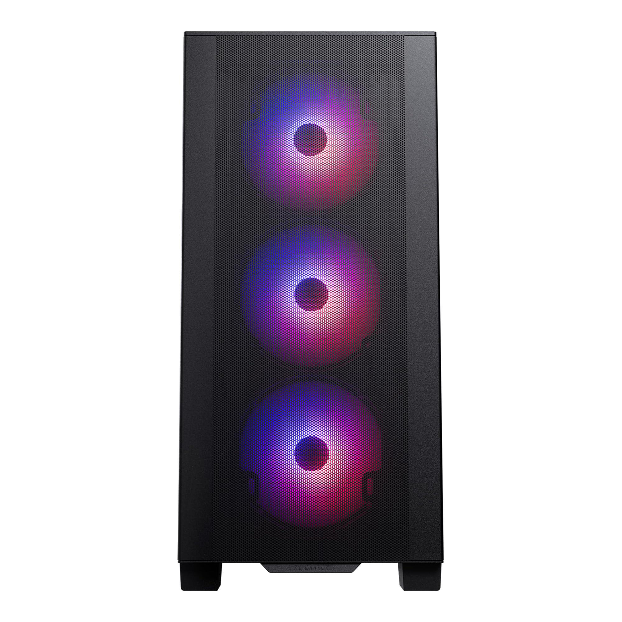 Schwarzes Computergehäuse mit drei beleuchteten Lüftern. Die Lüfter leuchten in Lila- und Blautönen, das Gehäuse hat eine Mesh-Front.