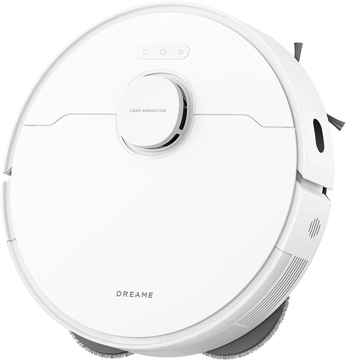 Ein weißer Dreame-Roboter-Staubsauger. Er hat eine runde Form mit einem zentralen LIDAR-Navigationsmodul und Steuertasten.