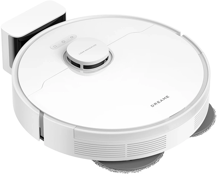 Ein weißer Dreame-Roboterstaubsauger mit Ladestation. Er hat ein LiDAR-Navigationssystem und zwei graue Wischpads.