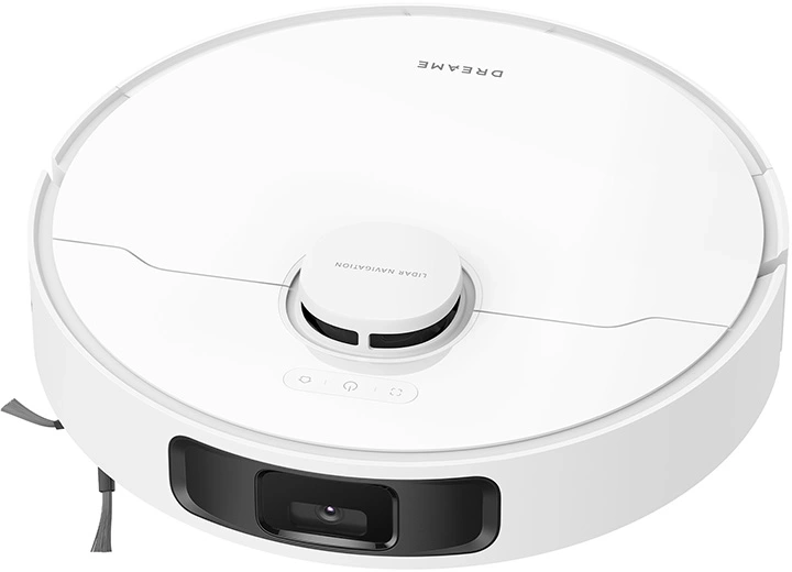 Ein weißer, runder Roboter-Staubsauger mit schwarzem Sensor und dem Wort DREAME. Er hat ein Lidar-Navigationssystem.