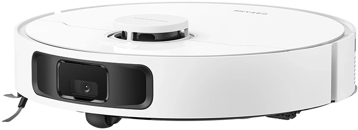 Ein weißer Roboterstaubsauger mit schwarzem Sensorbereich und kreisförmigem Design. Er hat eine kleine Oberseite mit einem Sensor.