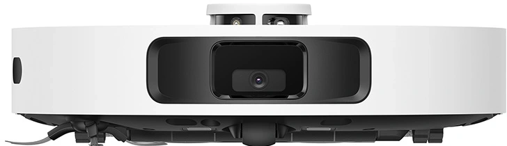 Ein weiß-schwarzer Roboter-Staubsauger. Er hat eine Kamera und Sensoren auf der Vorder- und Oberseite, die für die autonome Reinigung ausgelegt sind.