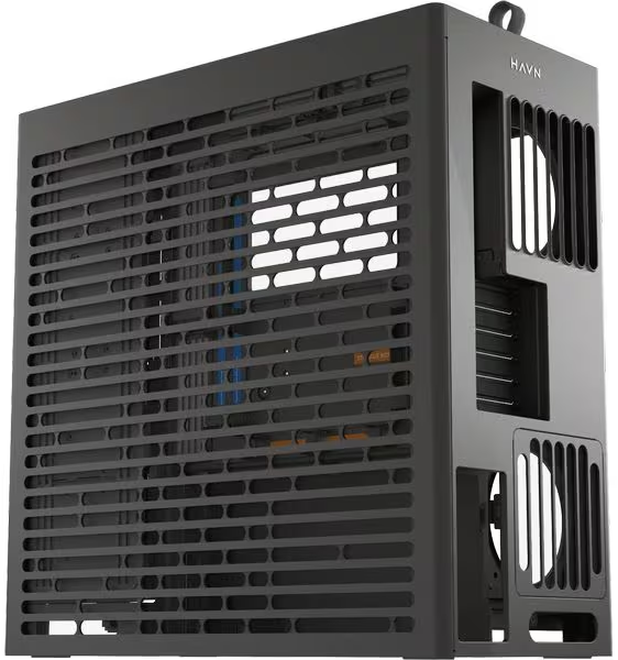 Ein dunkelgraues Computergehäuse mit einem Mesh-Front. Das Gehäuse hat Lüftungsschlitze und einen Griff. Der Markenname 'HAVN' ist sichtbar.