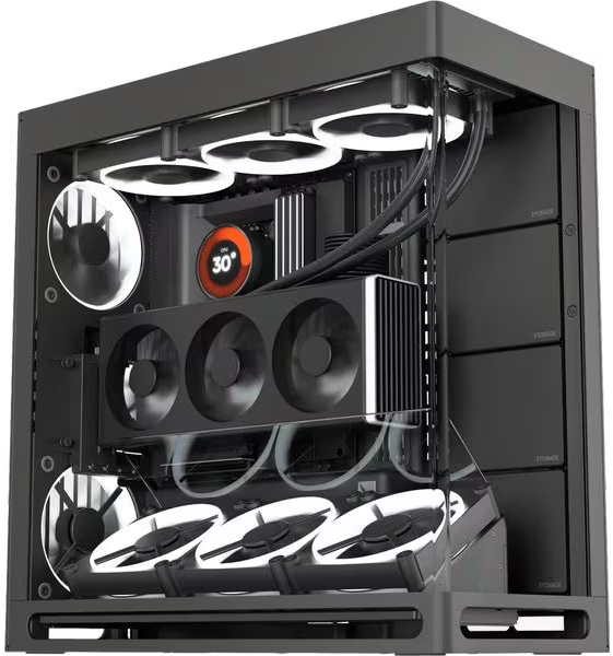 In einem schwarzen Computergehäuse sind Lüfter und Komponenten sichtbar. Ein Temperaturmessgerät zeigt 30 Grad. Das Gehäuse hat eine Glasseite.