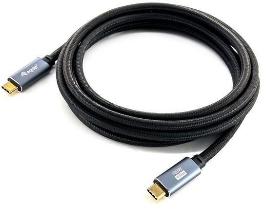 Ein schwarzes USB-C-Kabel mit grauen Steckern. Auf einem Stecker steht 'equip', auf dem anderen '100W 10Gbps'.
