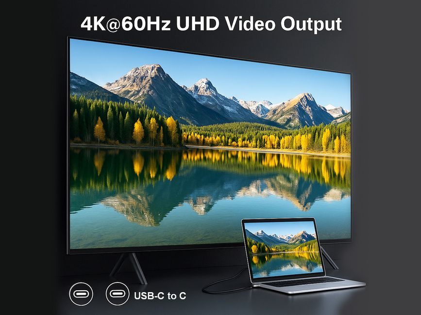 Der Fernseher zeigt eine Bergseeszene an. Ein Laptop ist über USB-C verbunden. Text lautet 4K@60Hz UHD Videoausgang.