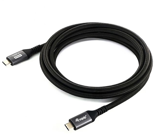 Ein schwarzes USB-C-Kabel mit geflochtenem Design, Anschlüssen an jedem Ende, beschriftet mit 'USB 4 20 Gbit/s' und 'equip'-Logo.