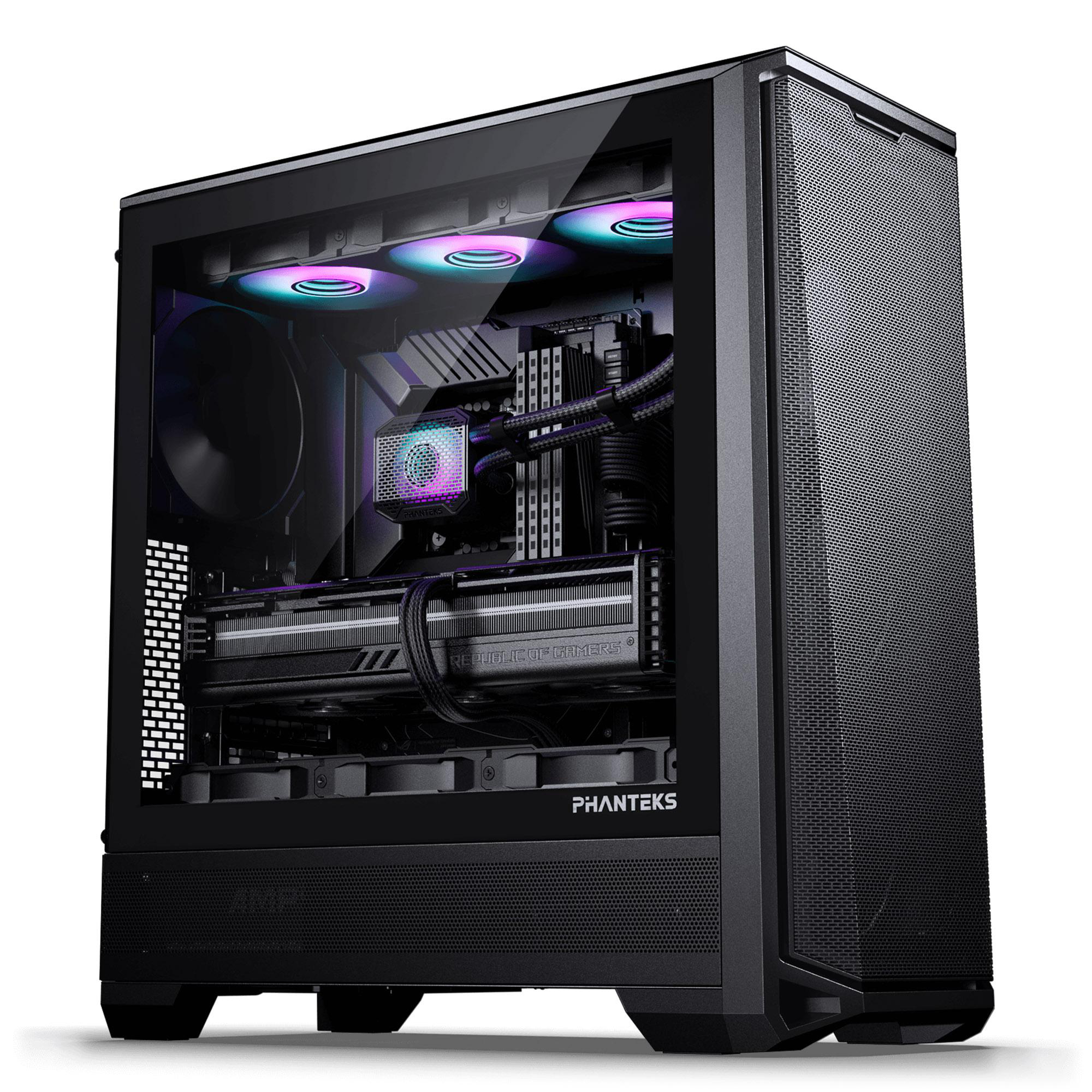 Ein schwarzes Computergehäuse mit Glasseitenwand. Im Inneren befinden sich Komponenten mit RGB-Beleuchtung, darunter Lüfter, eine GPU und ein CPU-Kühler.