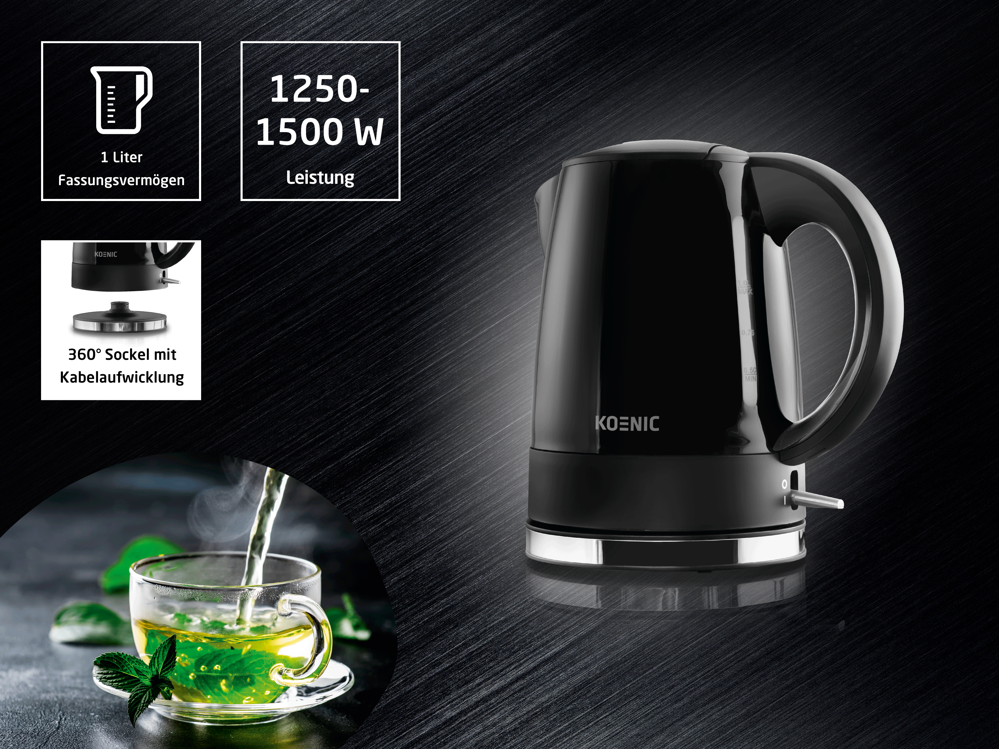 Schwarzer Wasserkocher mit Griff, Infografiken und einer Tasse Tee auf dunklem Hintergrund.