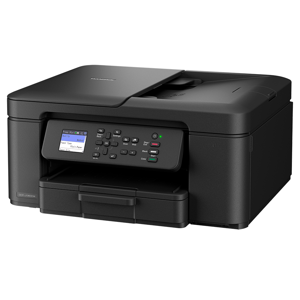 Ein schwarzer Brother DCP-J13600W Drucker. Er hat ein Bedienfeld mit Bildschirm und Tasten zum Scannen, Web usw.