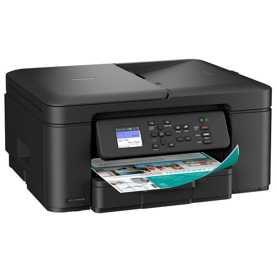 Ein schwarzer Brother DCP-J1300W Drucker druckt ein Dokument. Der Drucker hat ein Display und mehrere Knöpfe. Das Ausgabepapier ist sichtbar.