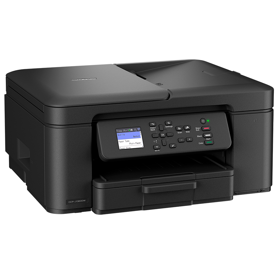 Ein schwarzer Brother DCP-J1300W Drucker wird gezeigt. Er hat ein Bedienfeld, ein Papierfach und einen Scanner. Der Drucker steht auf weißem Hintergrund.