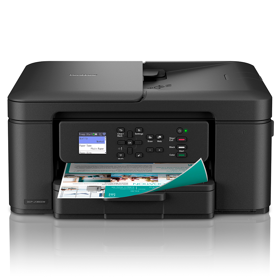 Ein schwarzer Brother DCP-J1360DW-Drucker wird gezeigt. Ein gedrucktes Dokument befindet sich im Ausgabefach. Das Display des Druckers zeigt Einstellungen.