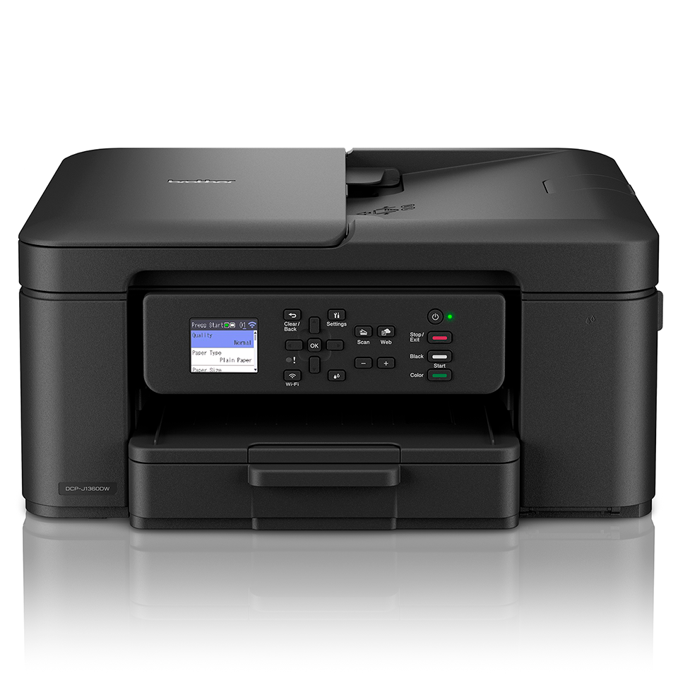 Ein schwarzer Brother DCP-J1360DW Drucker. Er hat einen Bildschirm mit Einstellungen und Tasten für Funktionen wie Scannen und Farbe.