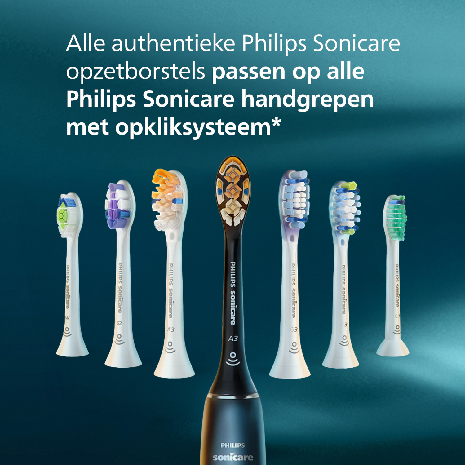 Image shows Philips Sonicare toothbrush heads. Seven different heads are displayed, with varying colors and bristle patterns. Text at top.