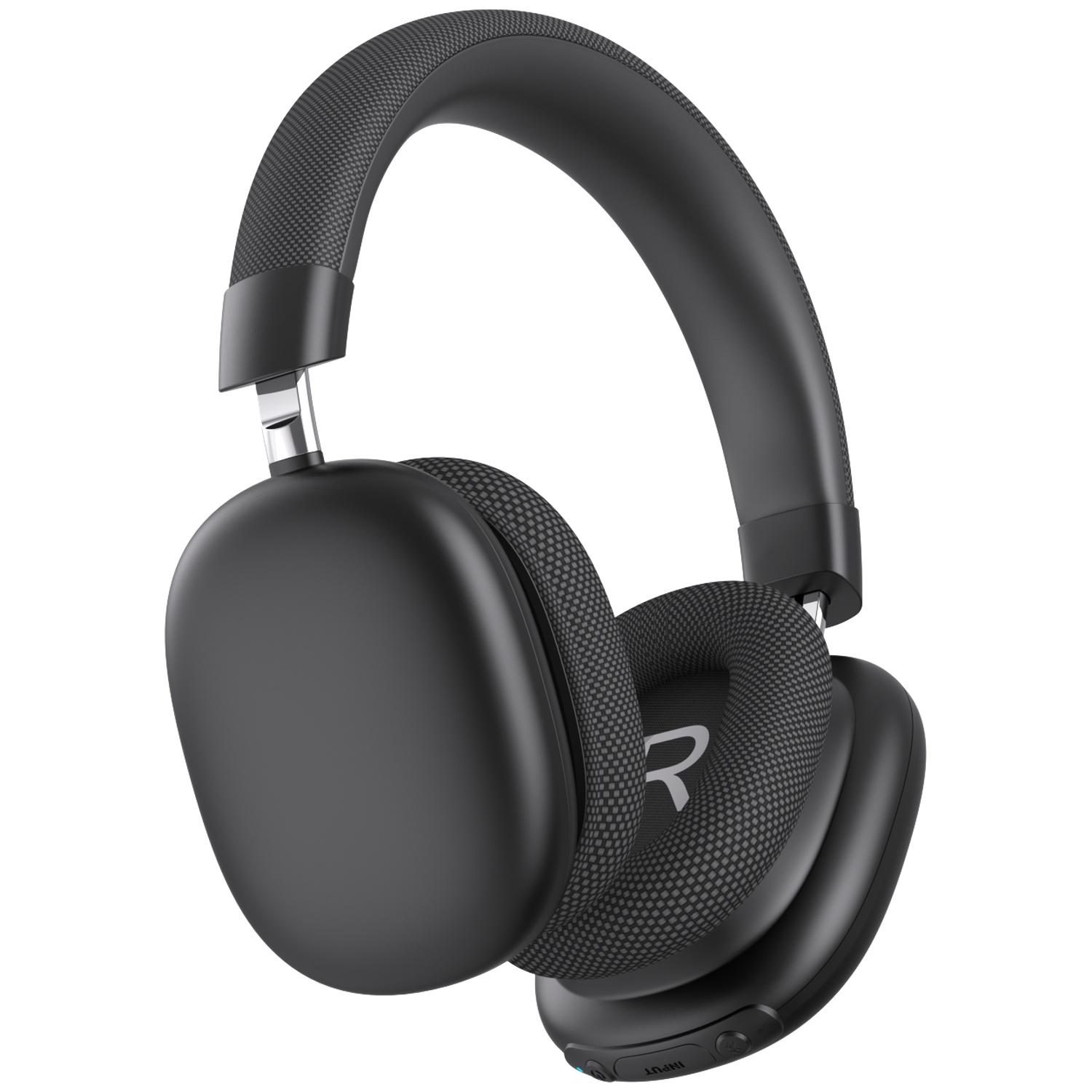 Black over-ear headphones with a padded headband and earcups. The earcups have a textured fabric and the letter "R" on one.
