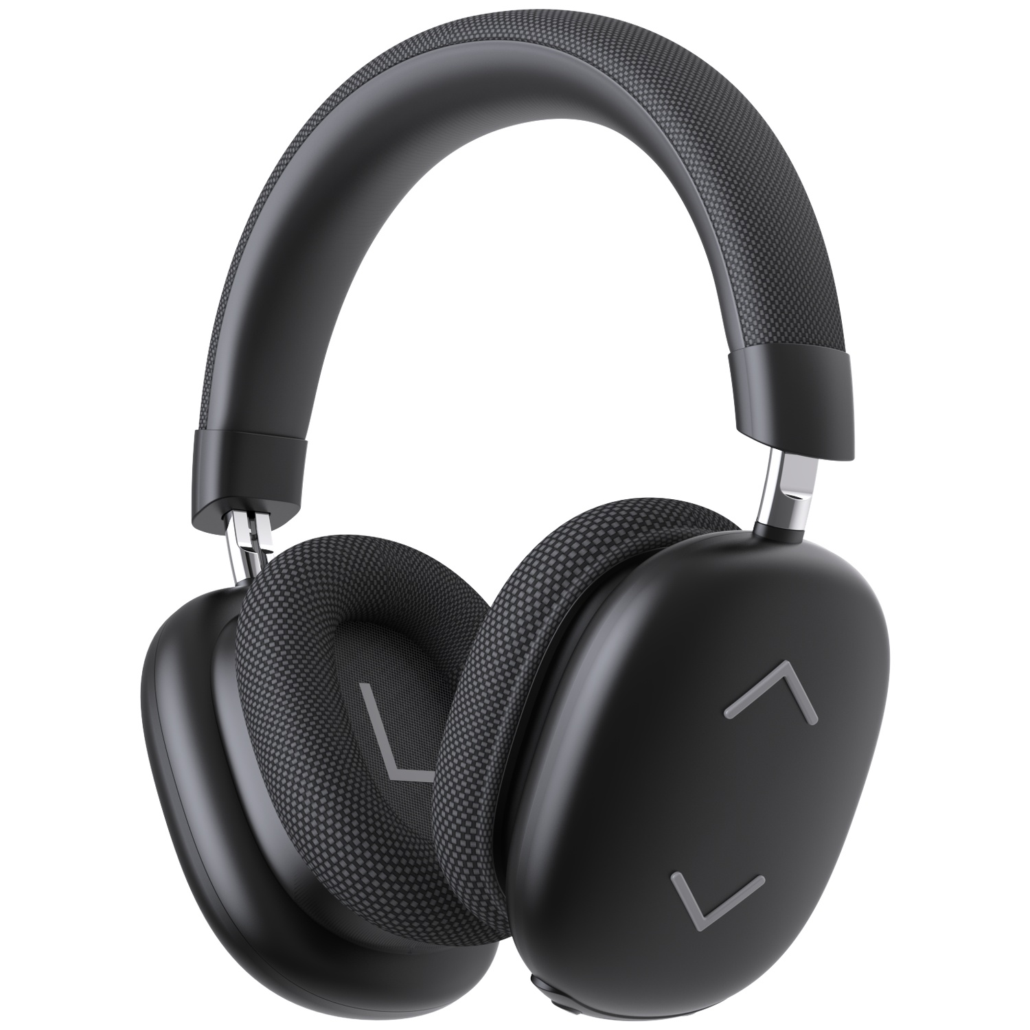 Black headphones with gray accents and a fabric-covered headband. Earcups have the letter 'L' and arrows. Isolated on white.