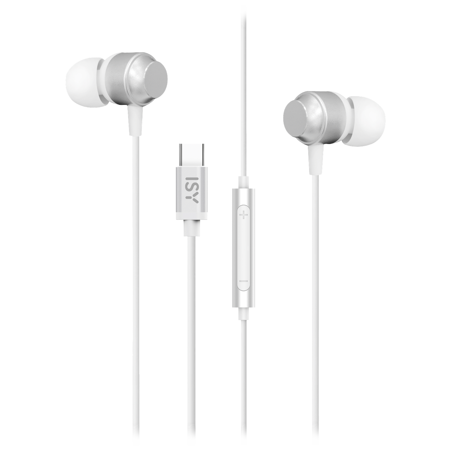 Écouteurs blancs avec des accents argentés et un connecteur USB-C. Un module de contrôle est visible sur le câble.