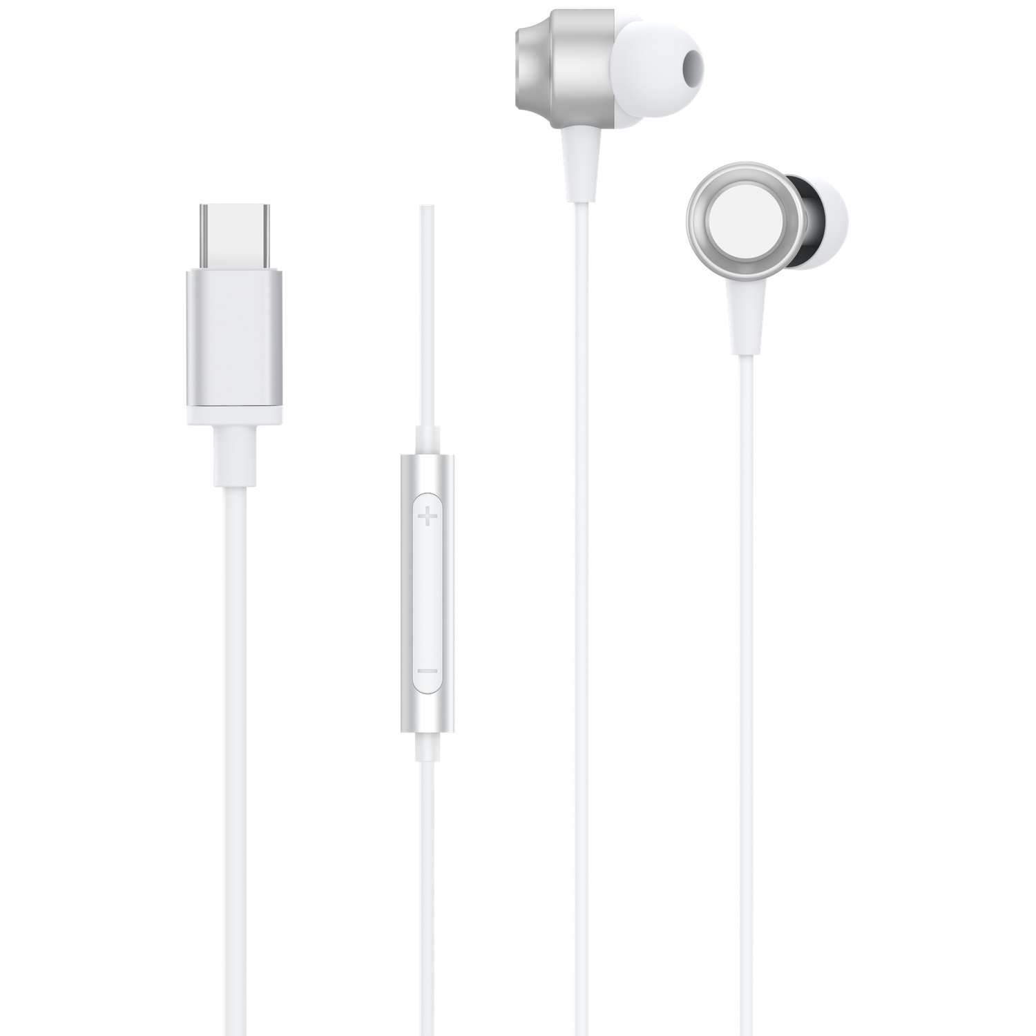 Écouteurs blancs avec commande argentée. Un connecteur USB-C est visible à gauche. Les écouteurs sont sur fond blanc.