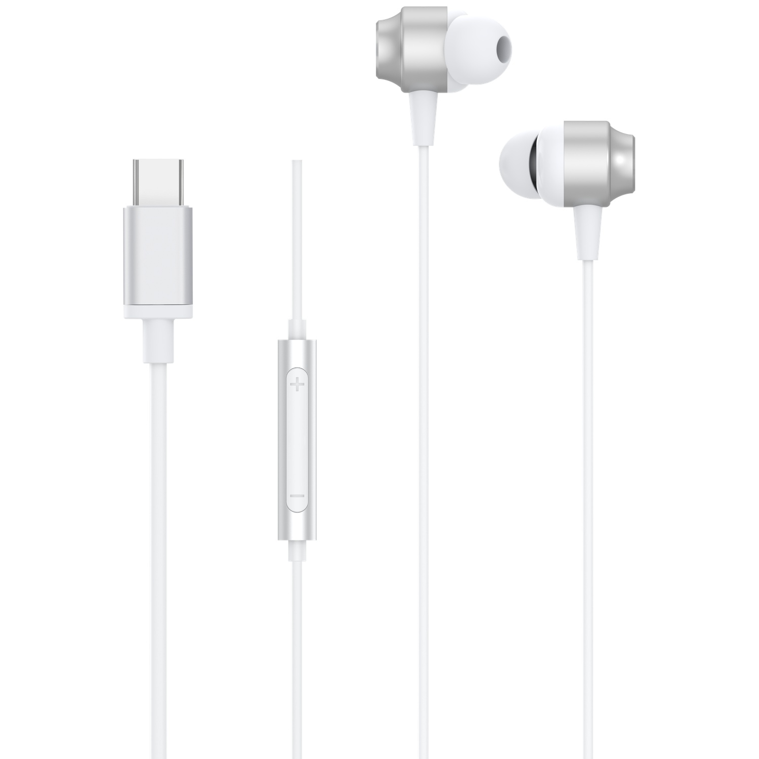 Écouteurs blancs avec contrôle argenté et connecteur USB-C sur fond blanc. Les écouteurs sont métalliques.