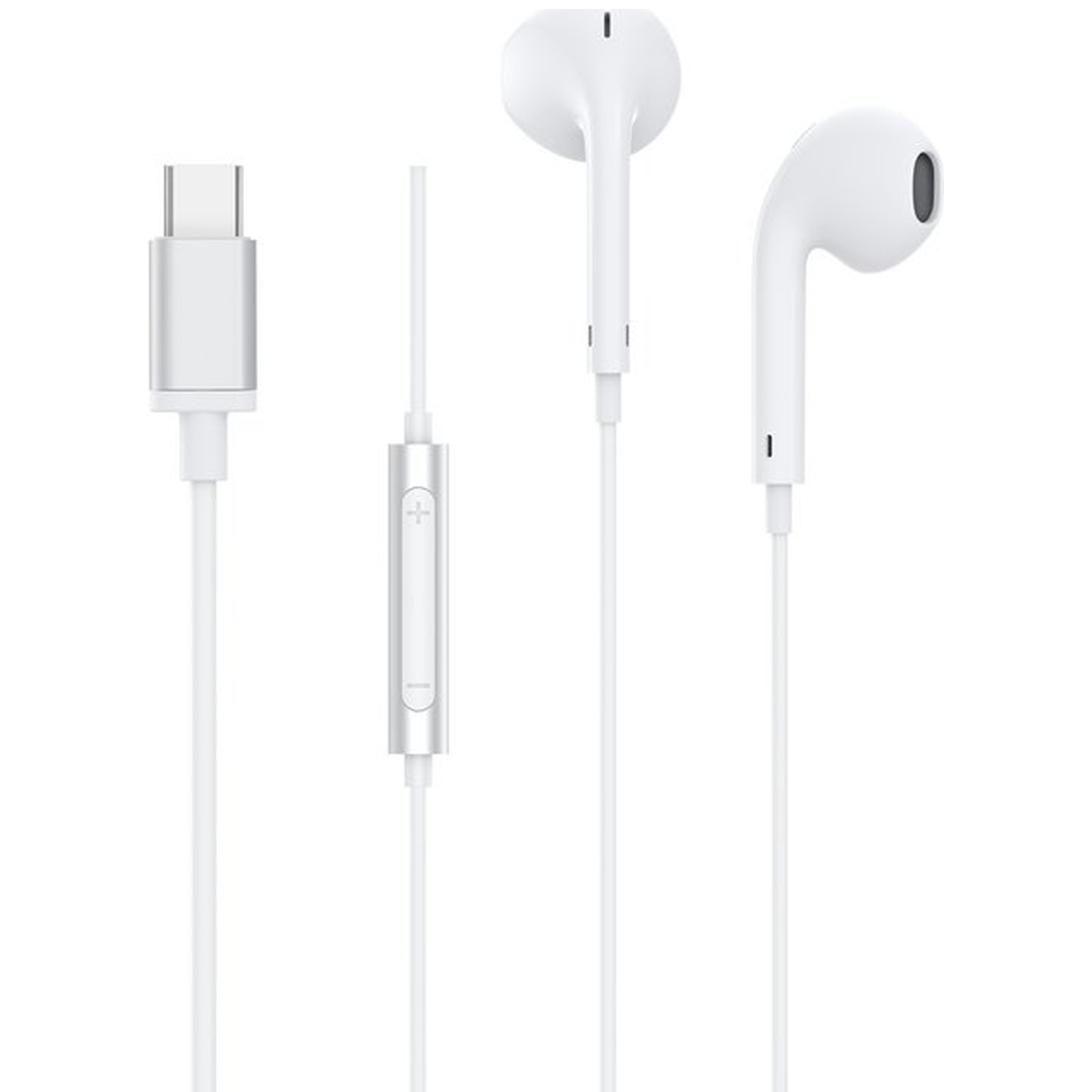 Witte oortelefoon met een USB-C-connector. De oortelefoons staan op een witte achtergrond. Eén oortelefoon heeft een bediening. De andere twee tonen de oordop.