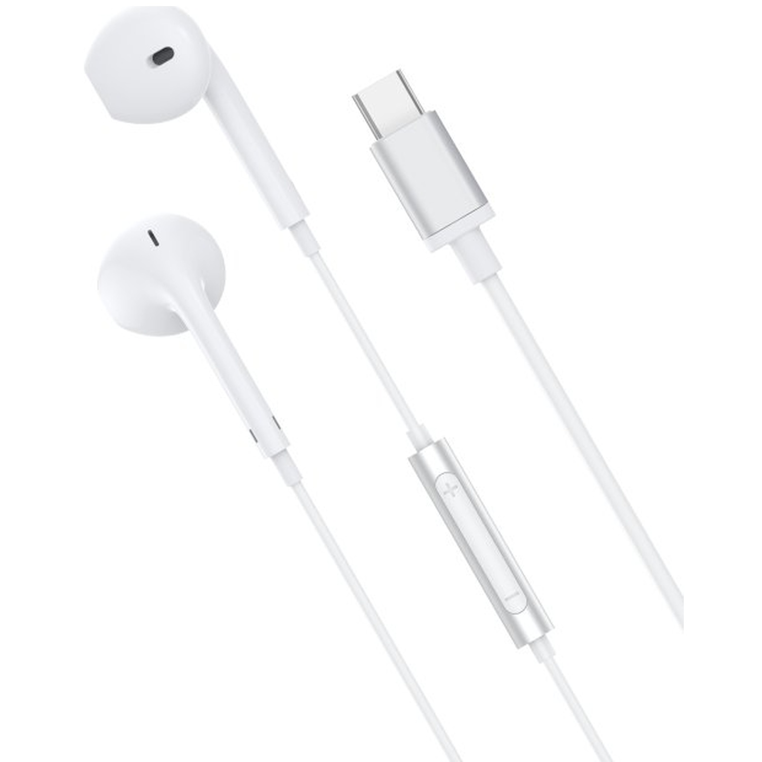 Witte oortelefoons met een USB-C-connector. Er is ook een volumeregeling op de draad aanwezig. Alle elementen staan op een witte achtergrond.