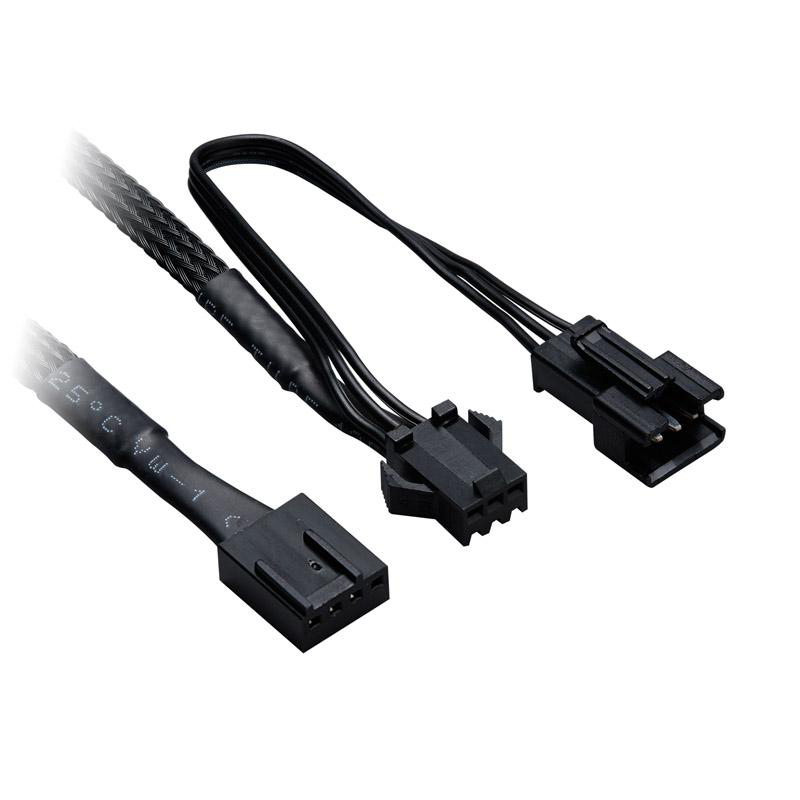 Drei schwarze Computerlüfterkabel mit Anschlüssen auf weißem Hintergrund. Ein Kabel hat eine geflochtene Hülse, andere sind schlicht.