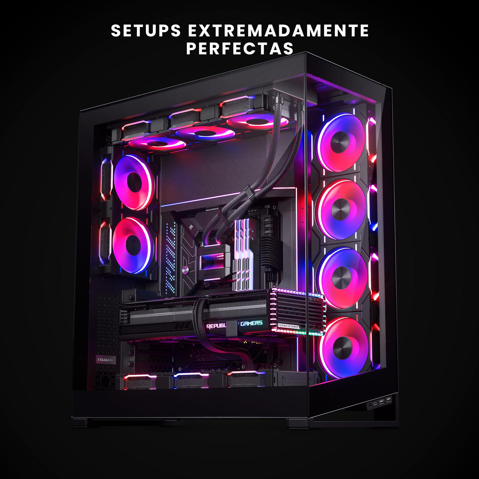 Ein PC-Gaming-Setup mit transparentem Gehäuse. Im Inneren leuchten Komponenten mit roten und blauen Lichtern.