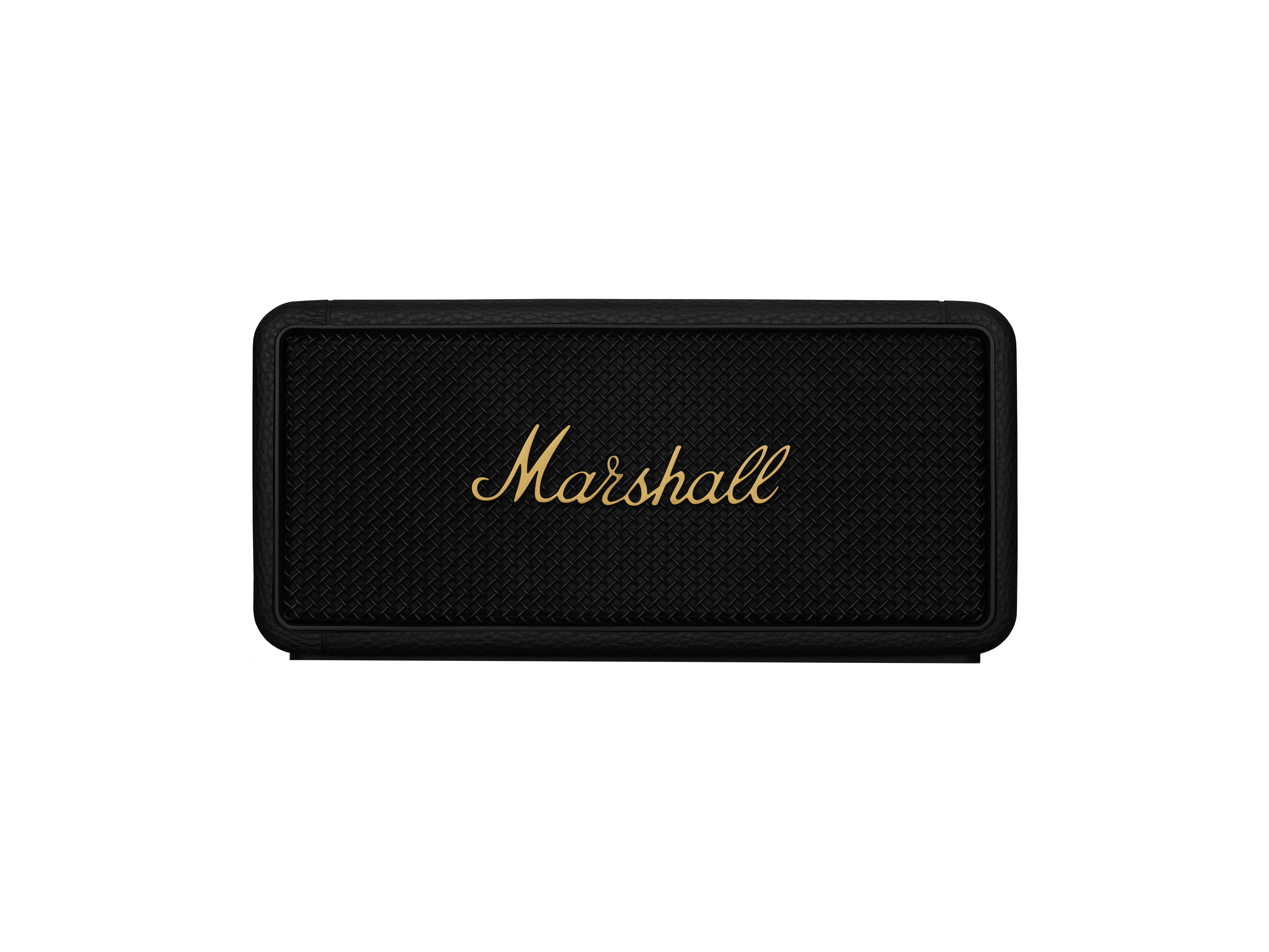 Schwarzer Marshall-Lautsprecher. Goldenes Marshall-Logo. Schwarzer Hintergrund.