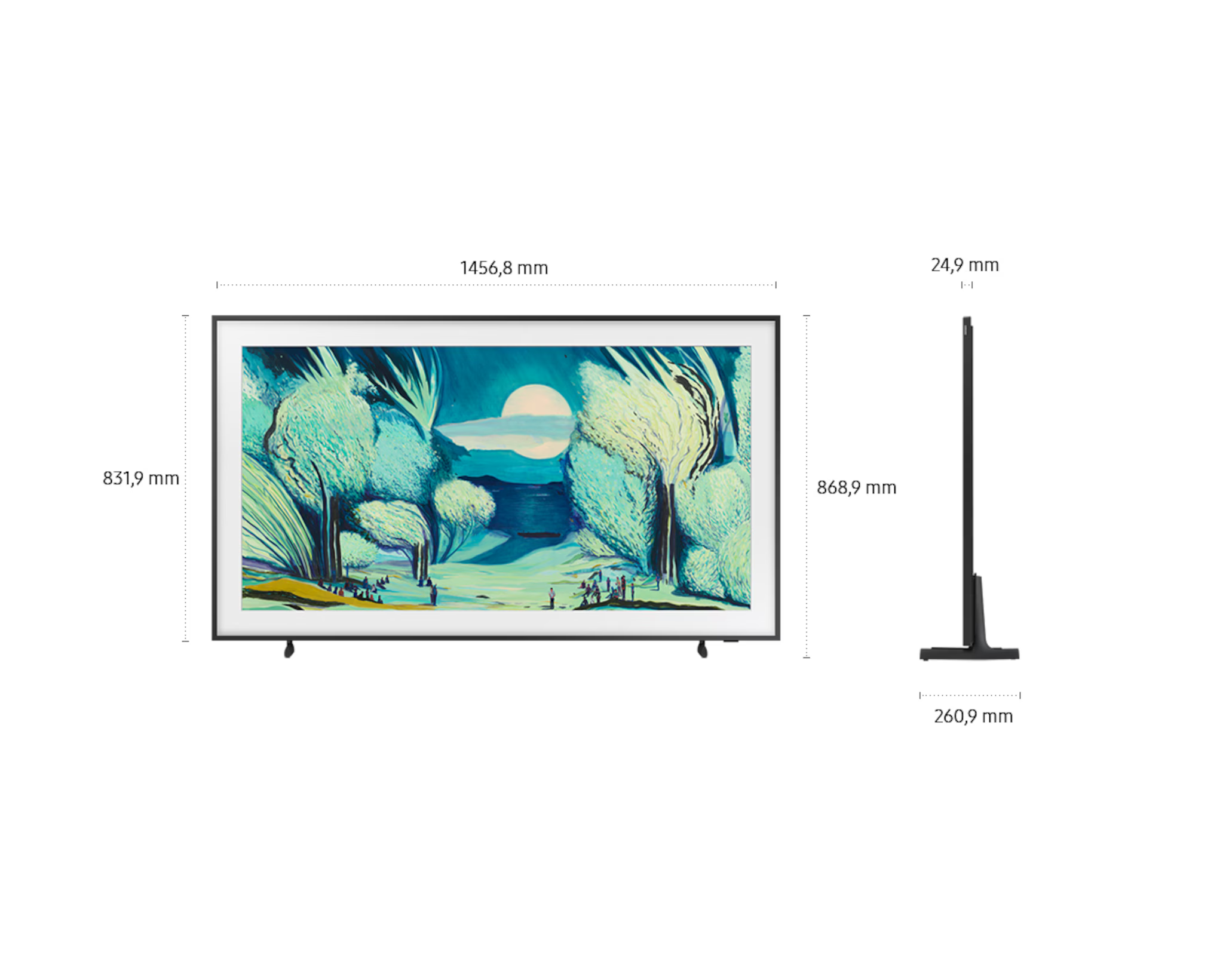 TV fák, hold és emberek festményével. Méretek láthatók. A TV fekete.