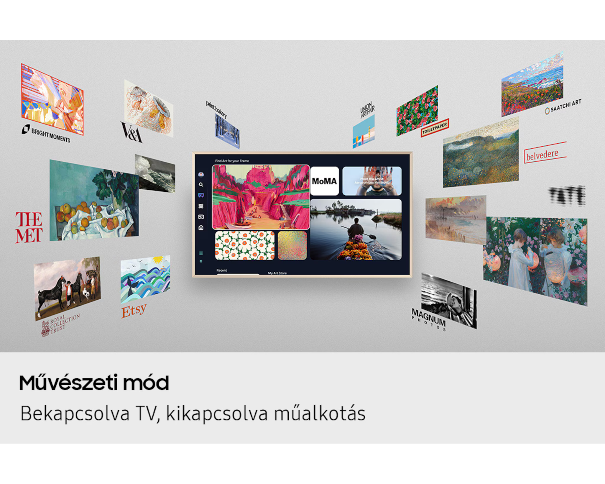 A TV képernyője művészeti lehetőségeket jelenít meg. Körülötte különféle művészeti bemutatók láthatók.