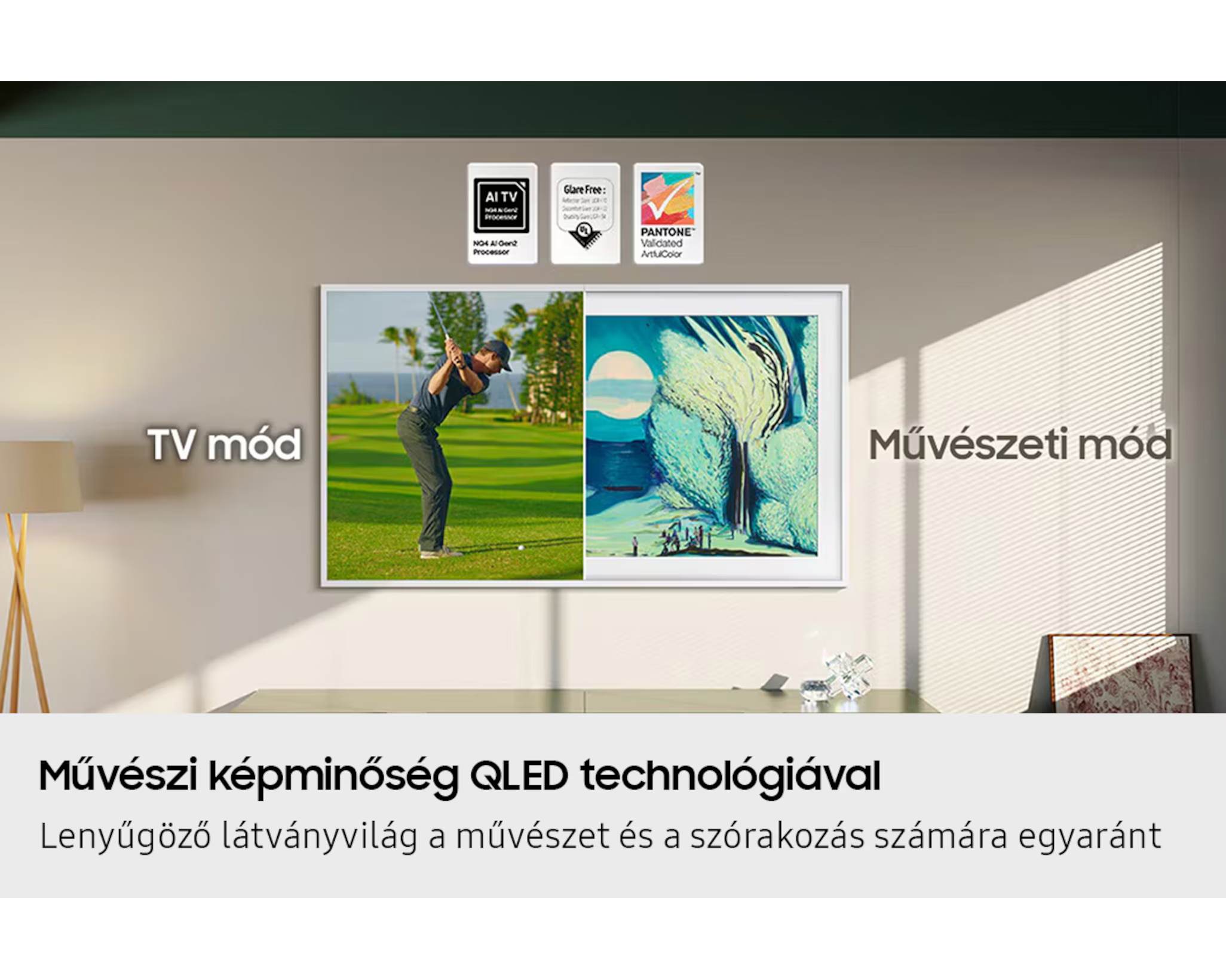 A TV golfpályát és absztrakt művészetet mutat. A szöveg tartalmazza a 'TV mód' és a 'Művészeti mód' feliratokat. Logók is láthatók.