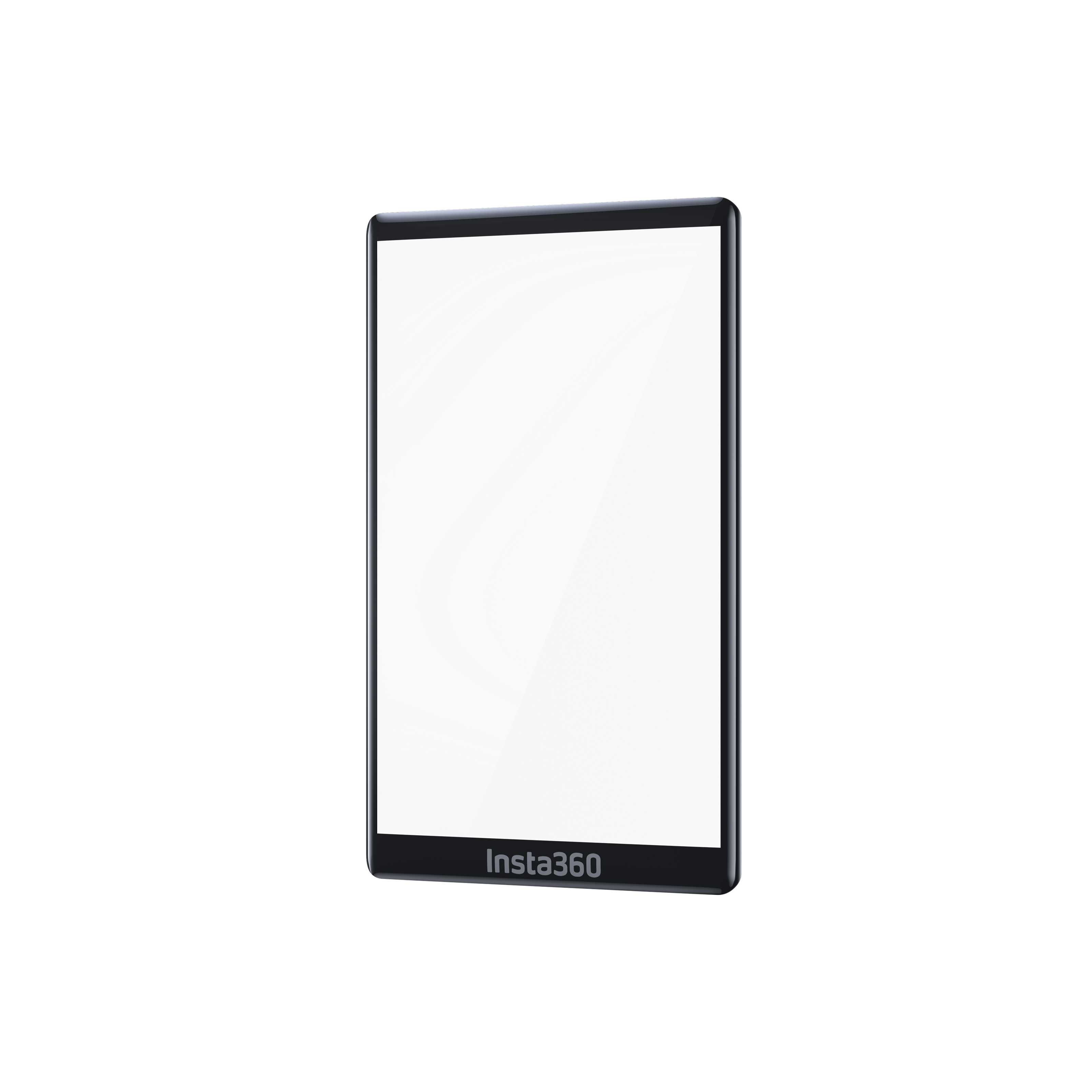 Ein schwarzes Tablet mit weißem Bildschirm und dem Insta360-Logo, isoliert auf weißem Hintergrund.