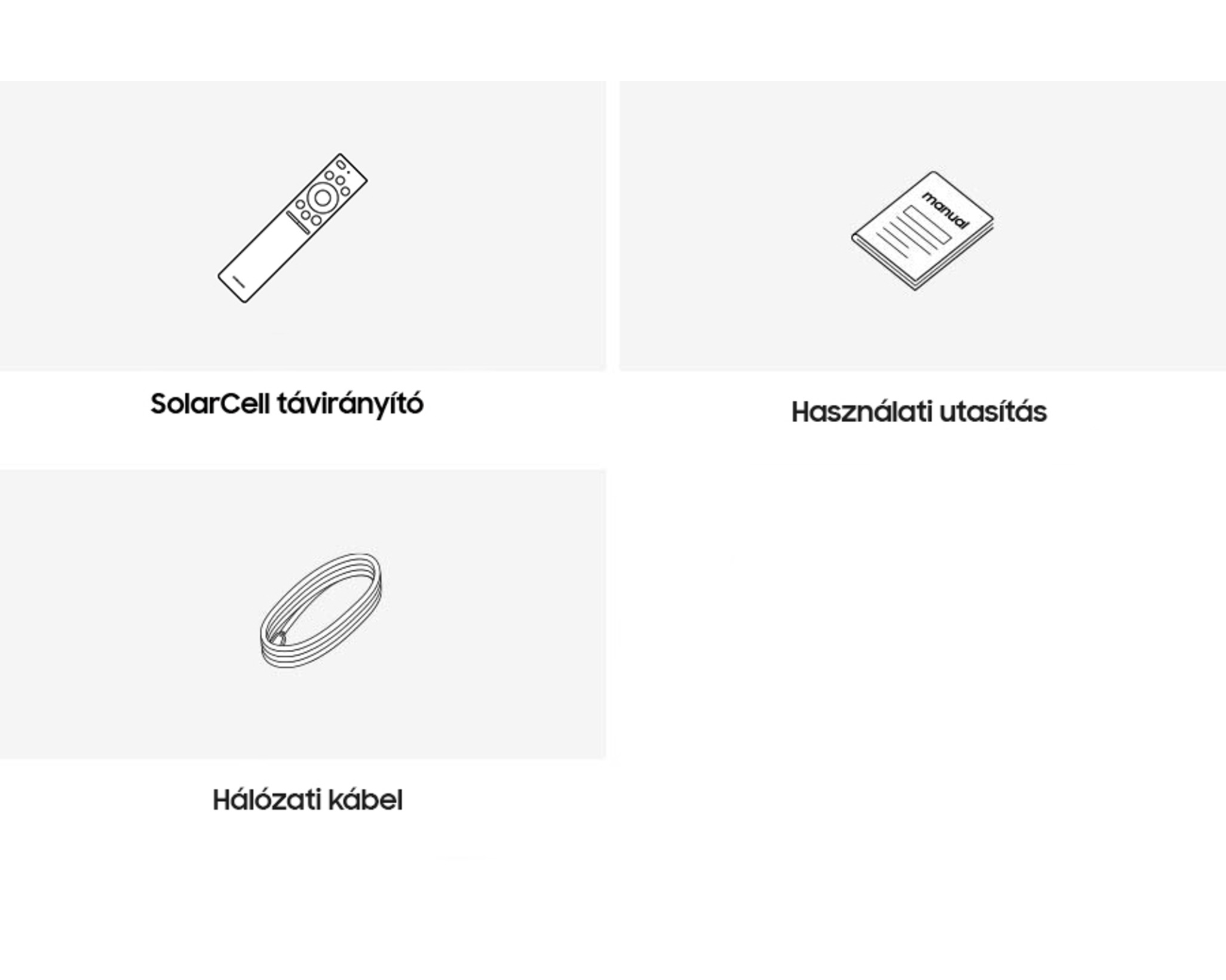 A képen egy távirányító, egy kézikönyv és egy tápkábel látható, mindegyik vonalas stílusban, fehér háttéren.