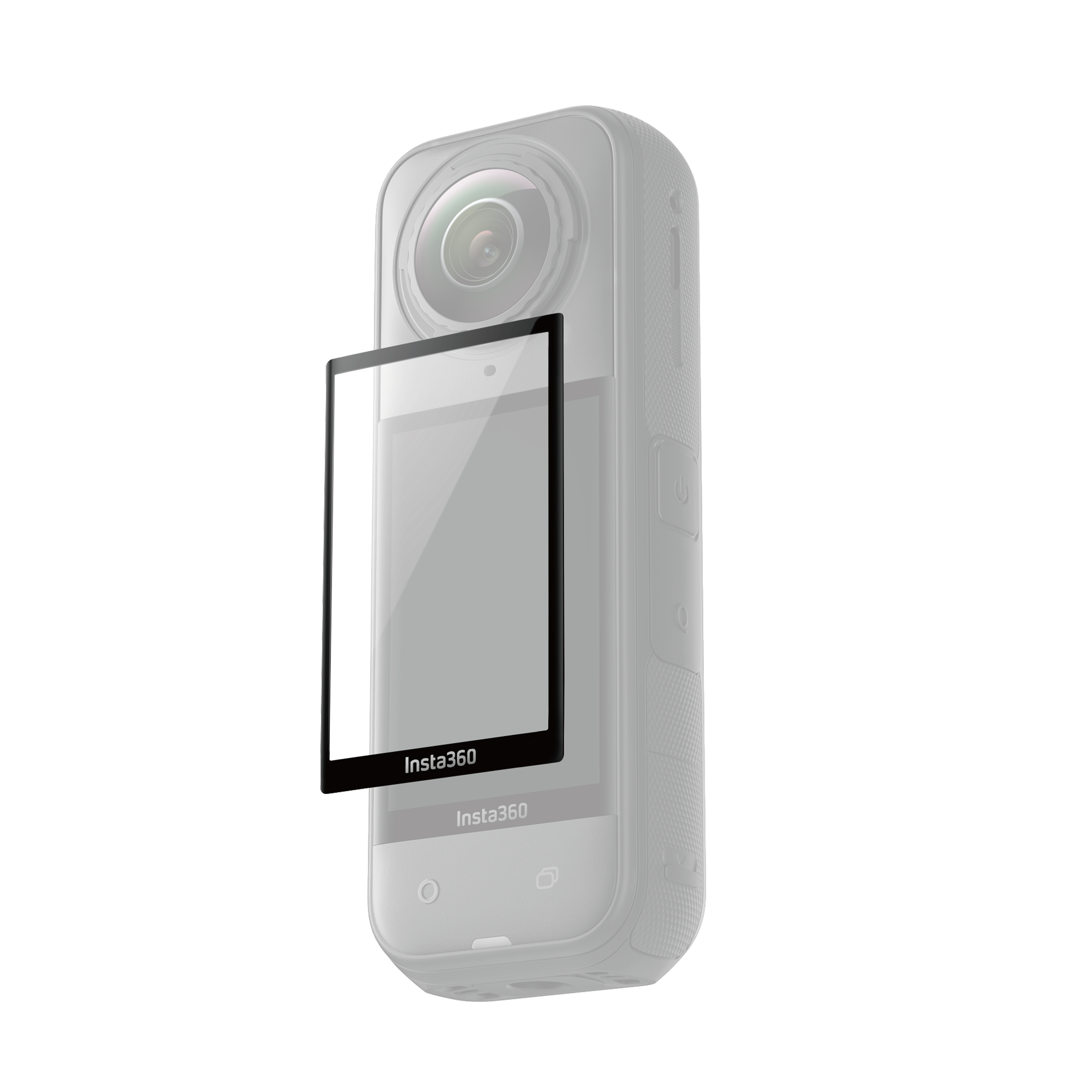 Eine graue Insta360-Kamera mit schwarzem Displayschutz ist abgebildet. Das Insta360-Logo ist sichtbar.