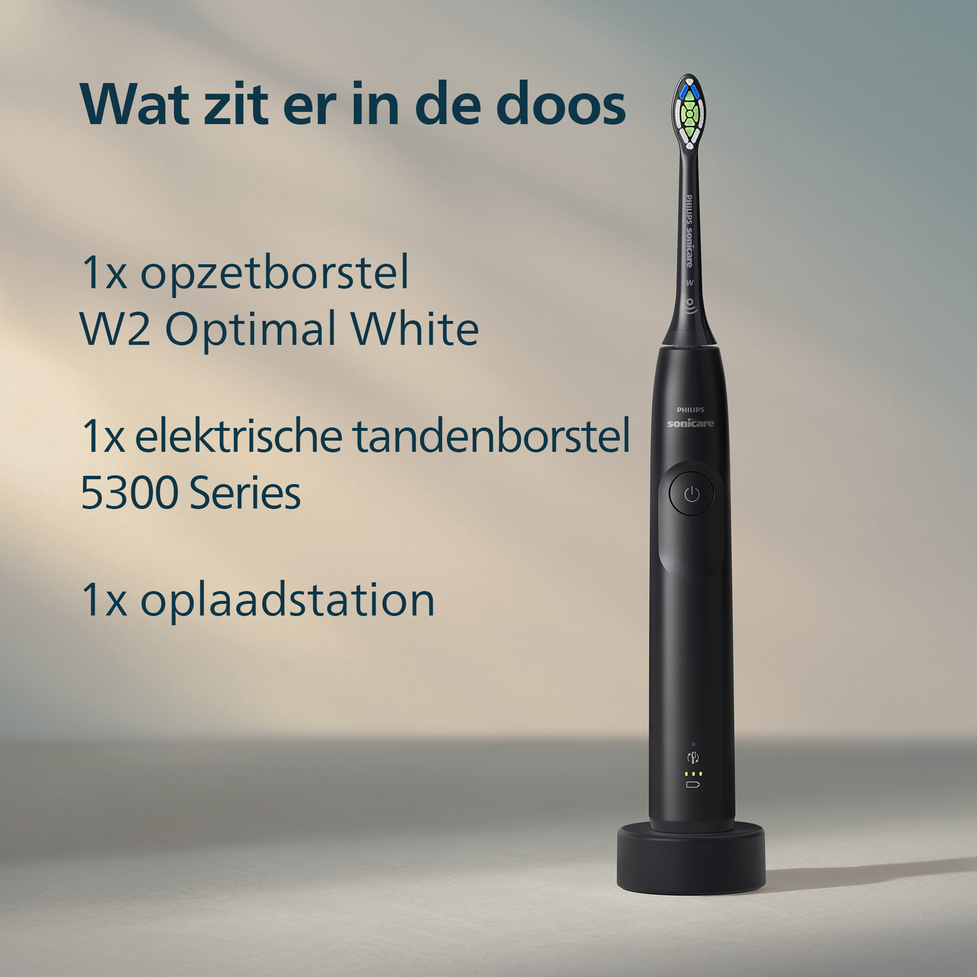 Zwarte elektrische tandenborstel met oplader en opzetborstel. Tekst links vermeldt de meegeleverde items.
