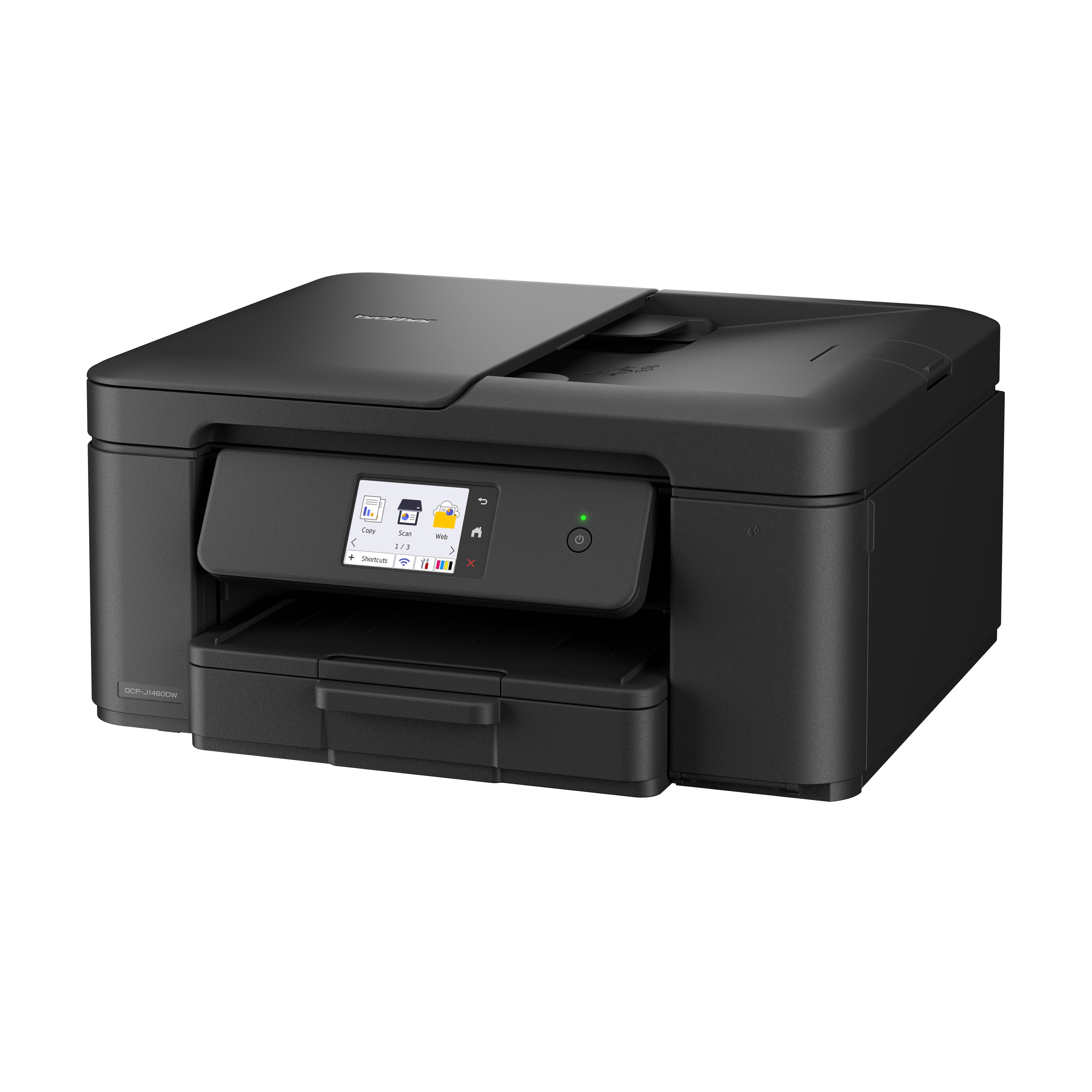 Ein schwarzer Brother DCP-J1460DW-Drucker. Er hat einen Bildschirm, ein Papierfach und einen Einschaltknopf.