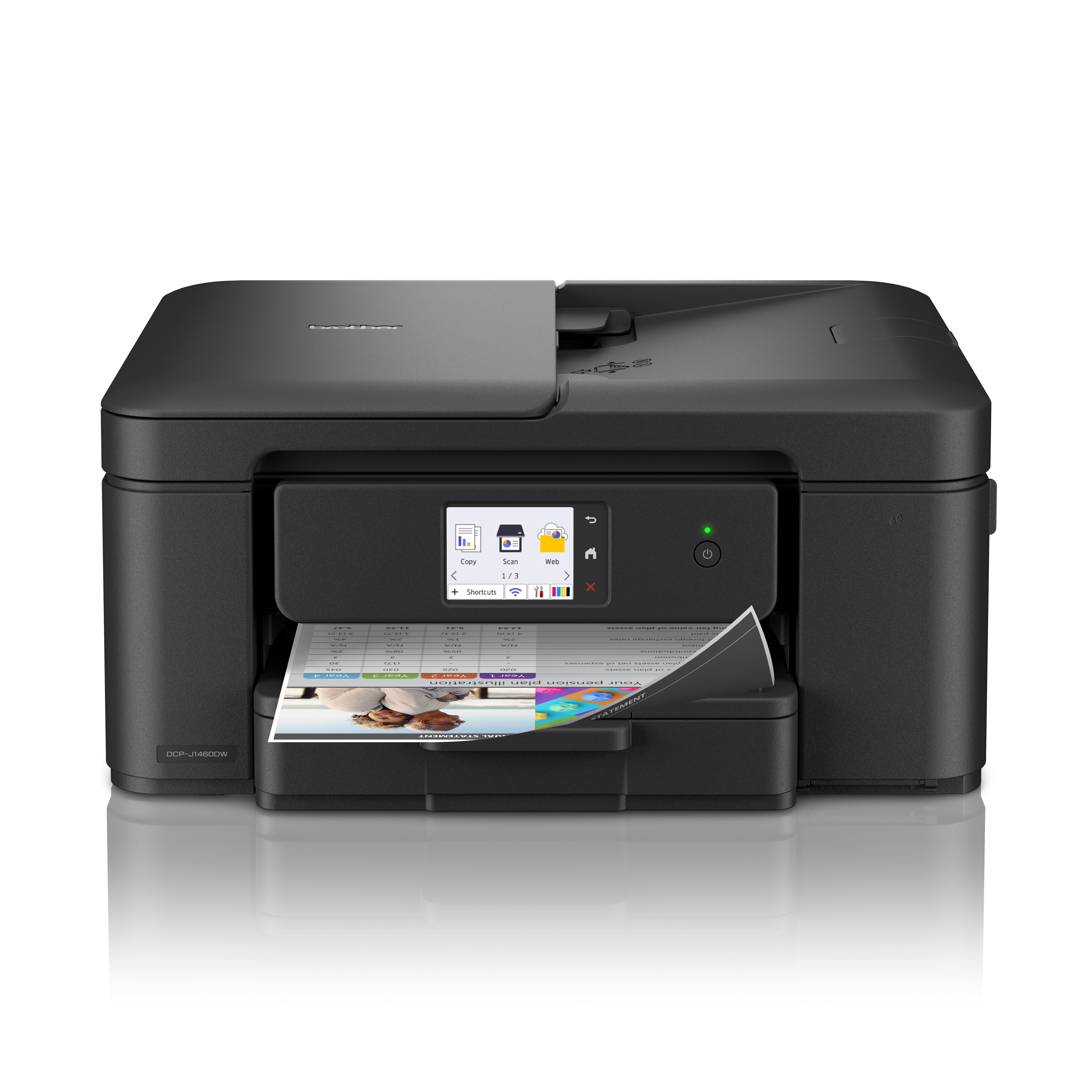 Schwarzer Brother-Drucker mit sichtbarem Dokument. Der Drucker hat ein Digitaldisplay und einen Ein-/Ausschalter.