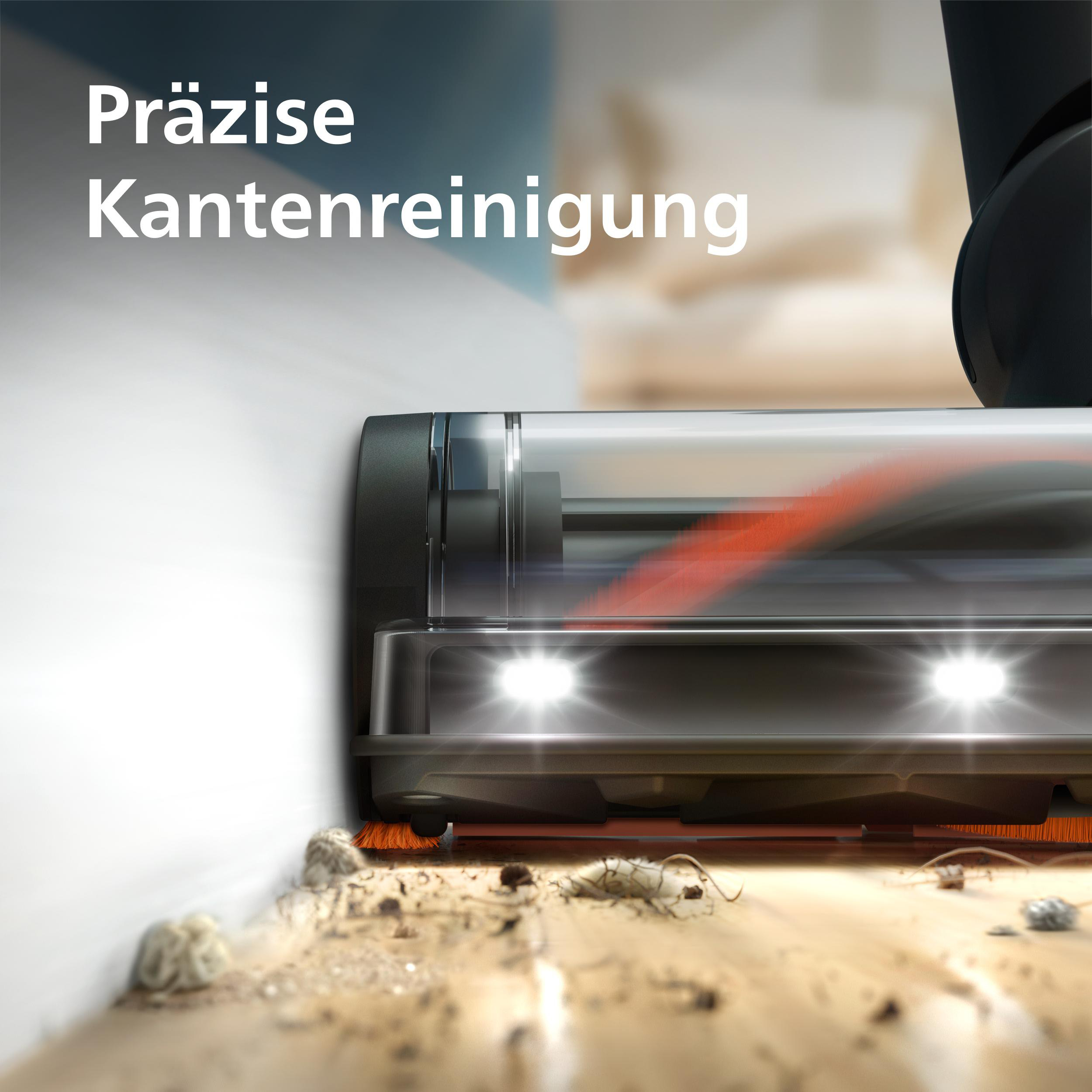 Staubsauger reinigt einen Holzboden, Text oben: 'Präzise Kantenreinigung'.