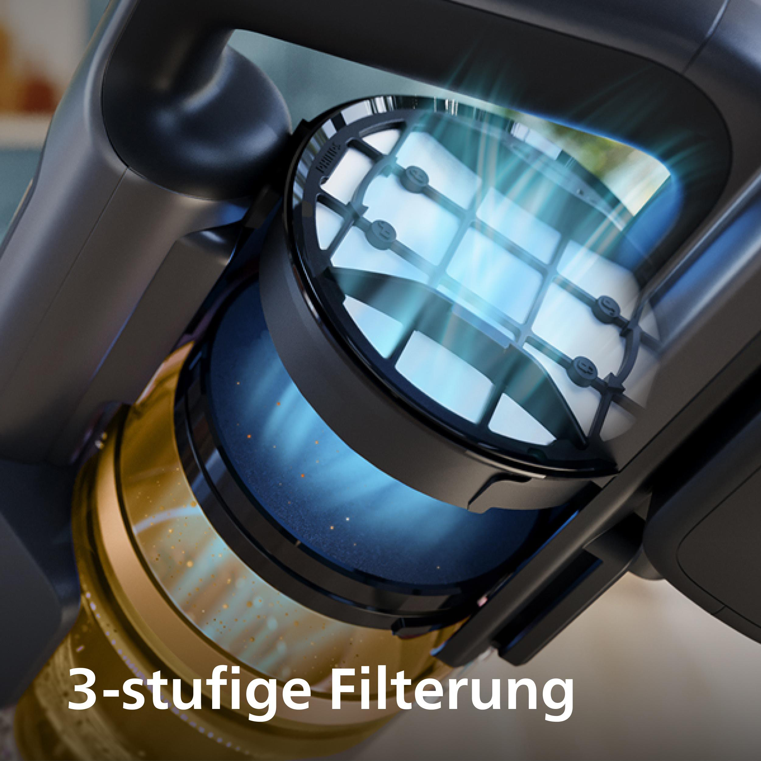 Nahaufnahme eines Staubsaugerfiltersystems. Der Text "3-stufige Filterung" ist sichtbar.