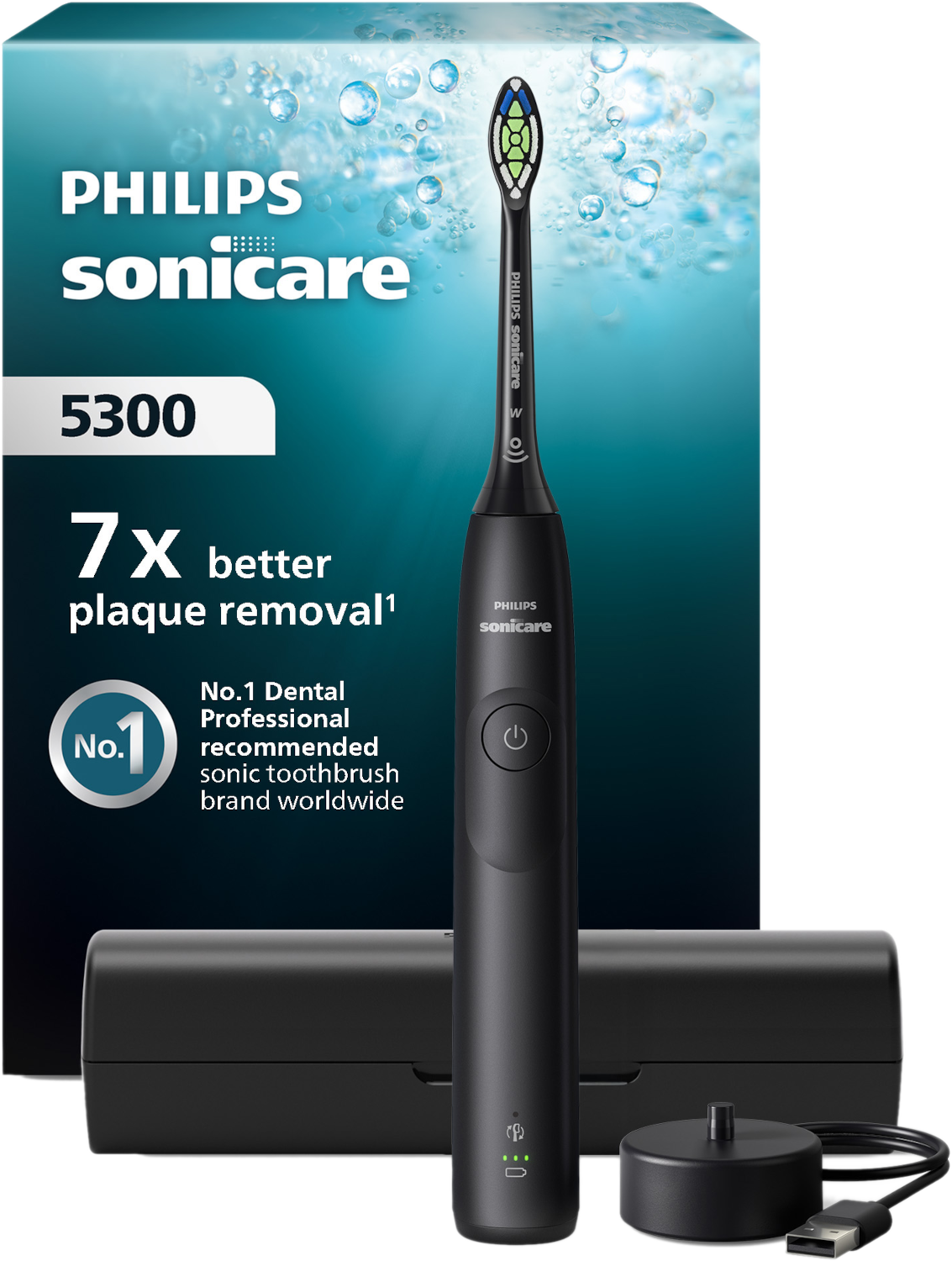 Zwarte Philips Sonicare 5300 elektrische tandenborstel met oplaadstation en reisetui. De doos vermeldt 7x betere plaqueverwijdering.