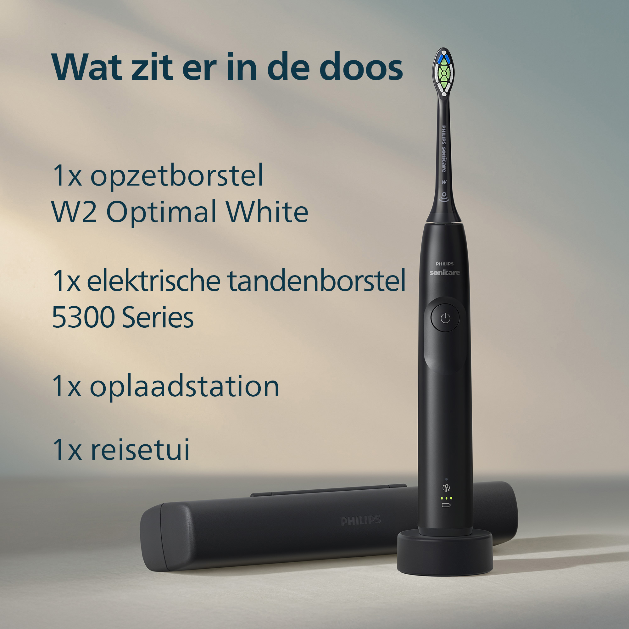 Zwarte elektrische tandenborstel met oplader, reisetui. Tekst: 'Wat zit er in de doos' en productdetails.